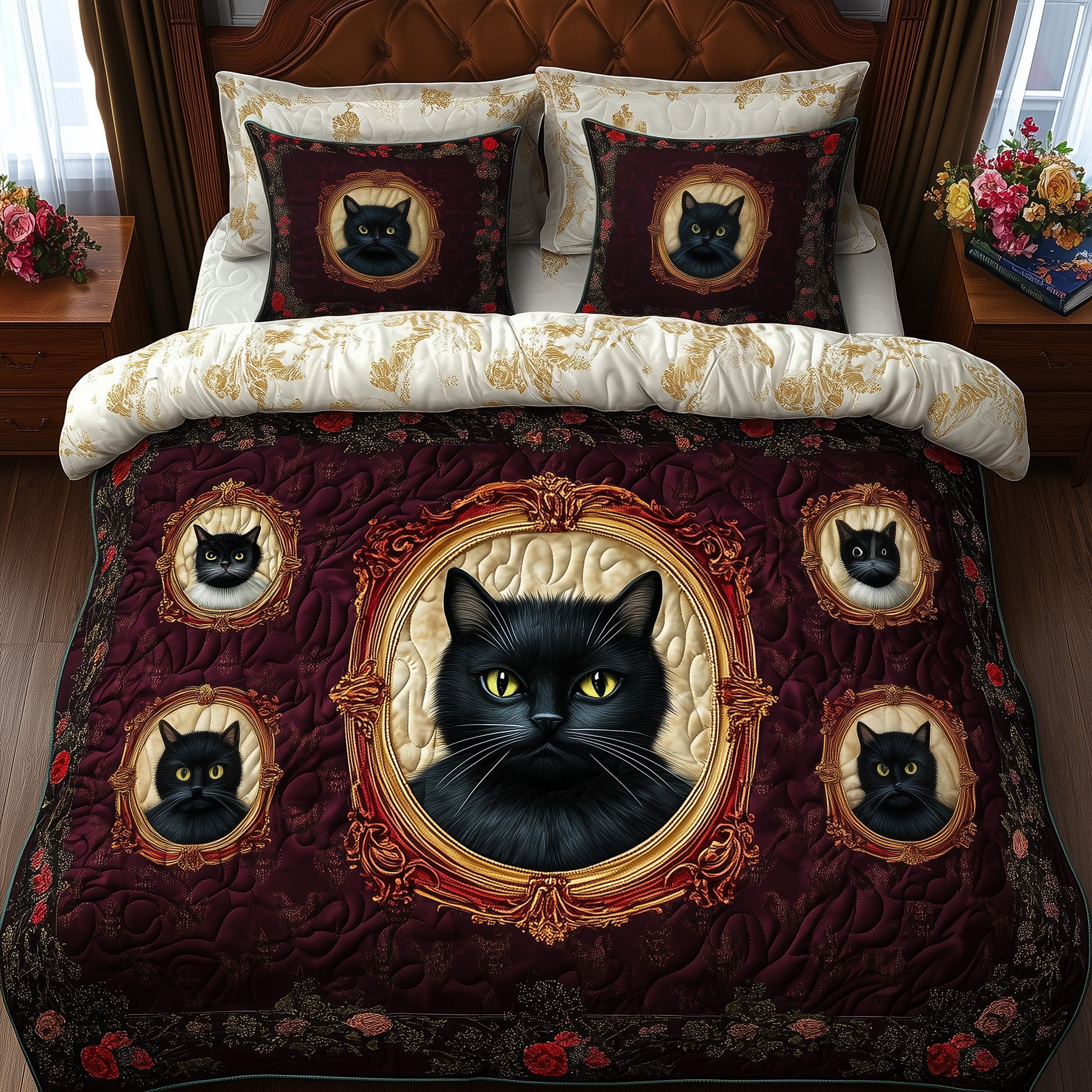Royal Cat Halloween Quilted Bedding Set Duvet Cover Bedspread Cozy Gifts For Cat Lovers