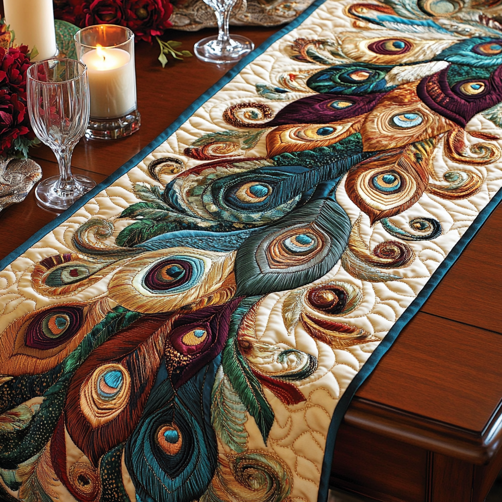 Royal Feather Quilted Table Runner Dining Room Decor Ideas Gifts For Peacock Owners