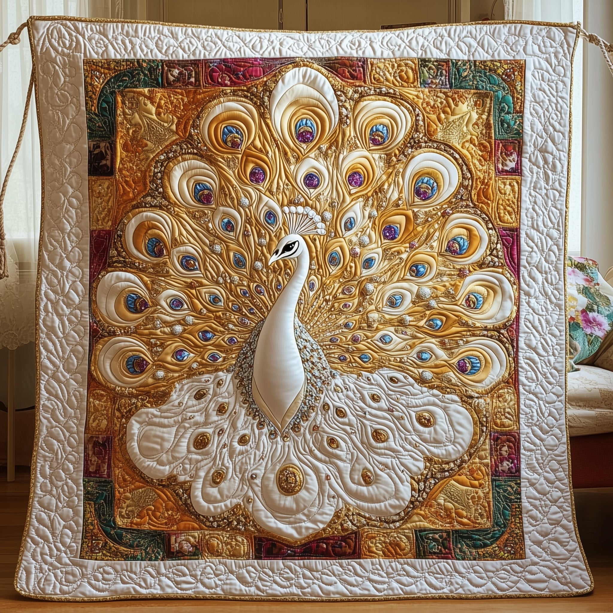 Royal Feathers Quilted Blanket Merchandise Throw BlanketPeacock Themed Gifts
