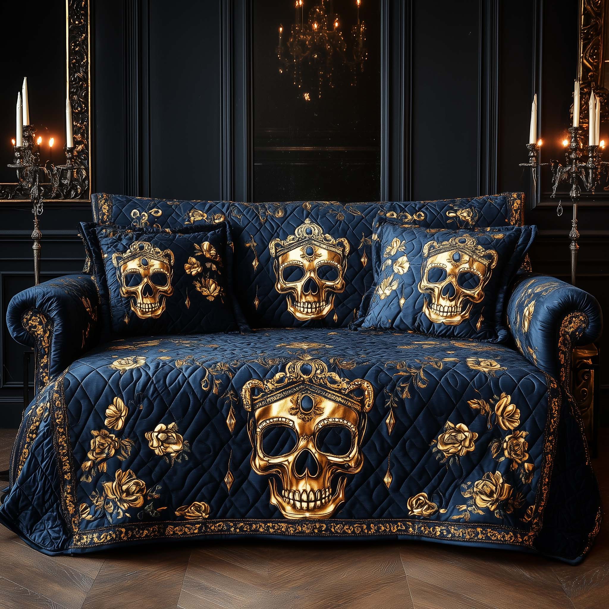 Royal Gold Skulls Quilted Sofa Cover Elegant Gold and Black Design Skull Themed Gifts