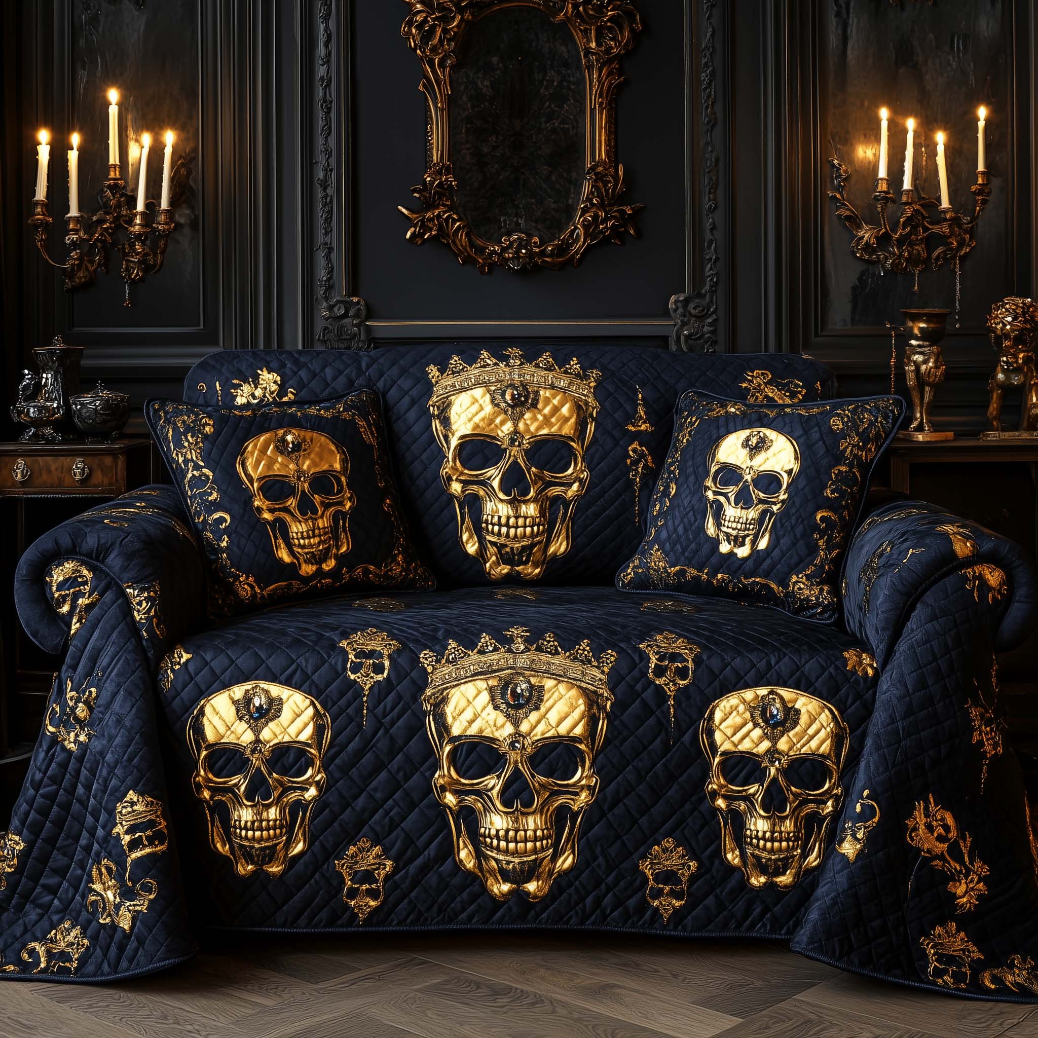 Royal Gold Skulls Quilted Sofa Cover Luxurious Crowned Skeleton Accent Skull Themed Gifts