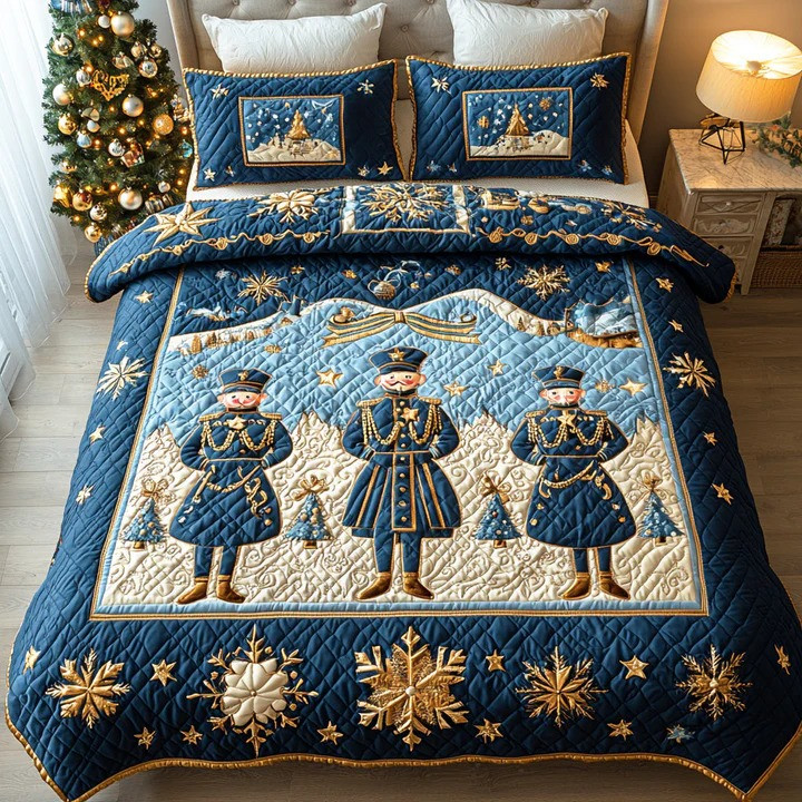 Royal Nutcracker 3-Piece Quilted Bedding Set Christmas Holiday Bedspread Best Xmas Decor Gift Ideas