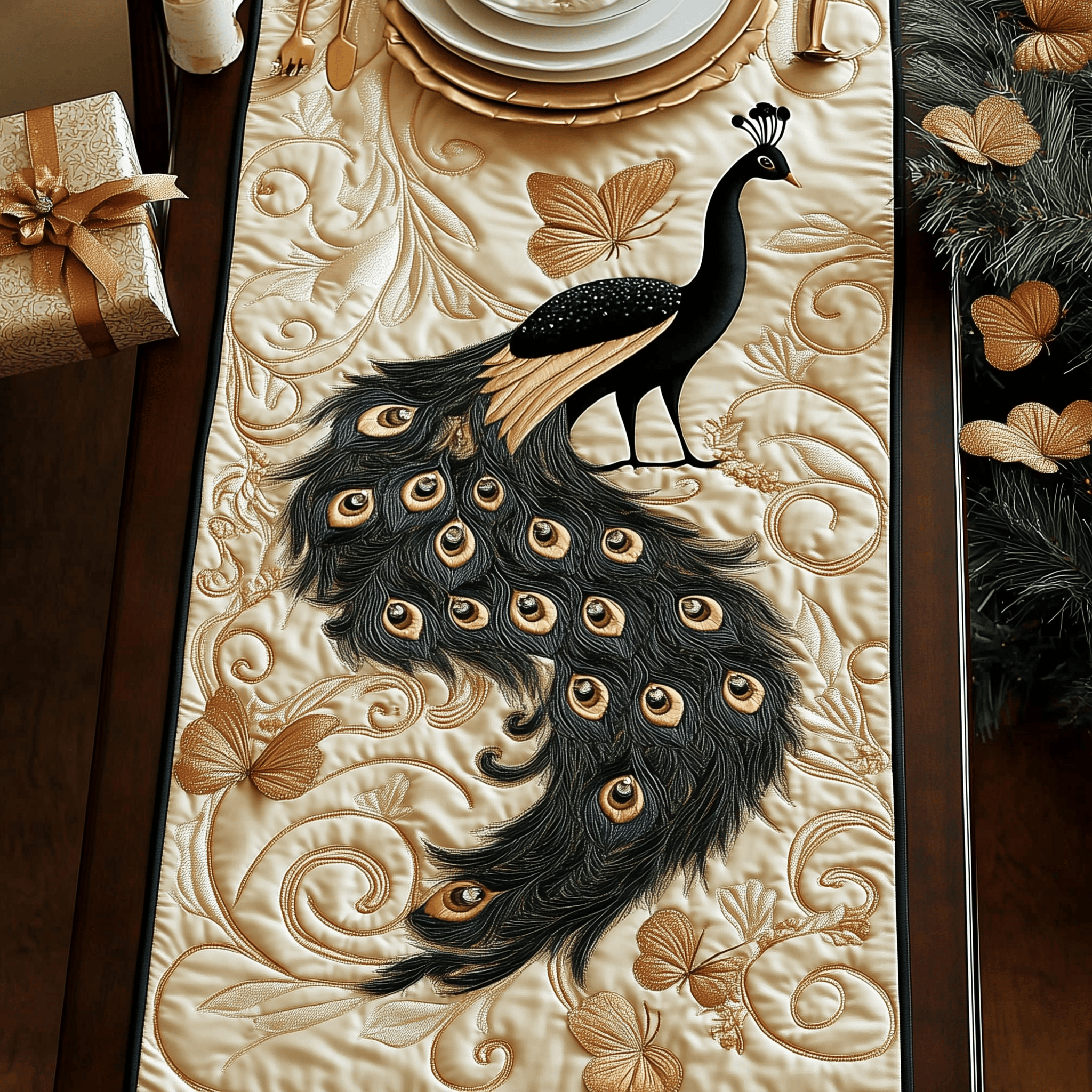 Royal Peacock Quilted Table Runner Decorations Merchandise Best Gifts For Peacock Lovers For Her