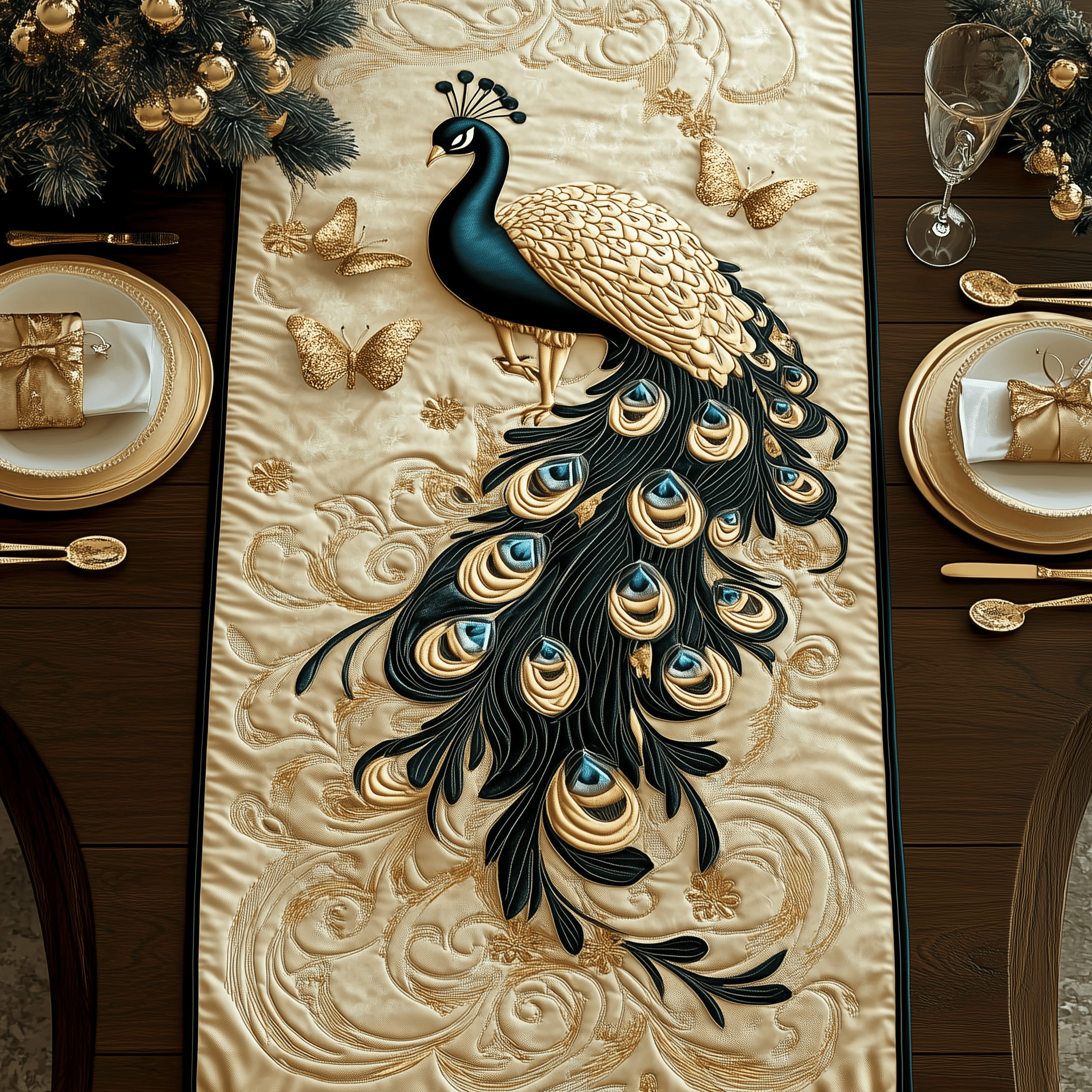 Royal Peacock Quilted Table Runner Decorations Merchandise Themed Gifts For Peacock Lovers For Her