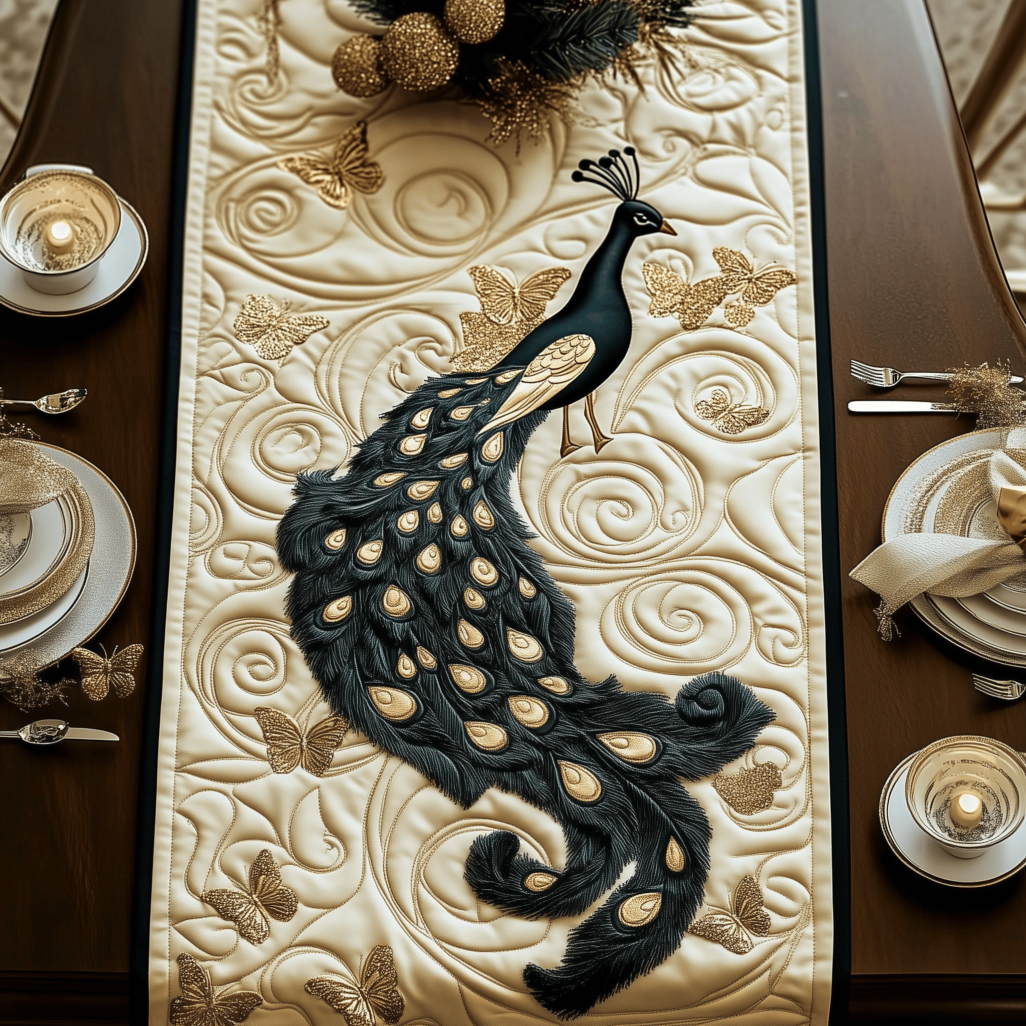 Royal Peacock Quilted Table Runner Decorations Merchandise Xmas  Gifts For Peacock Lovers For Her