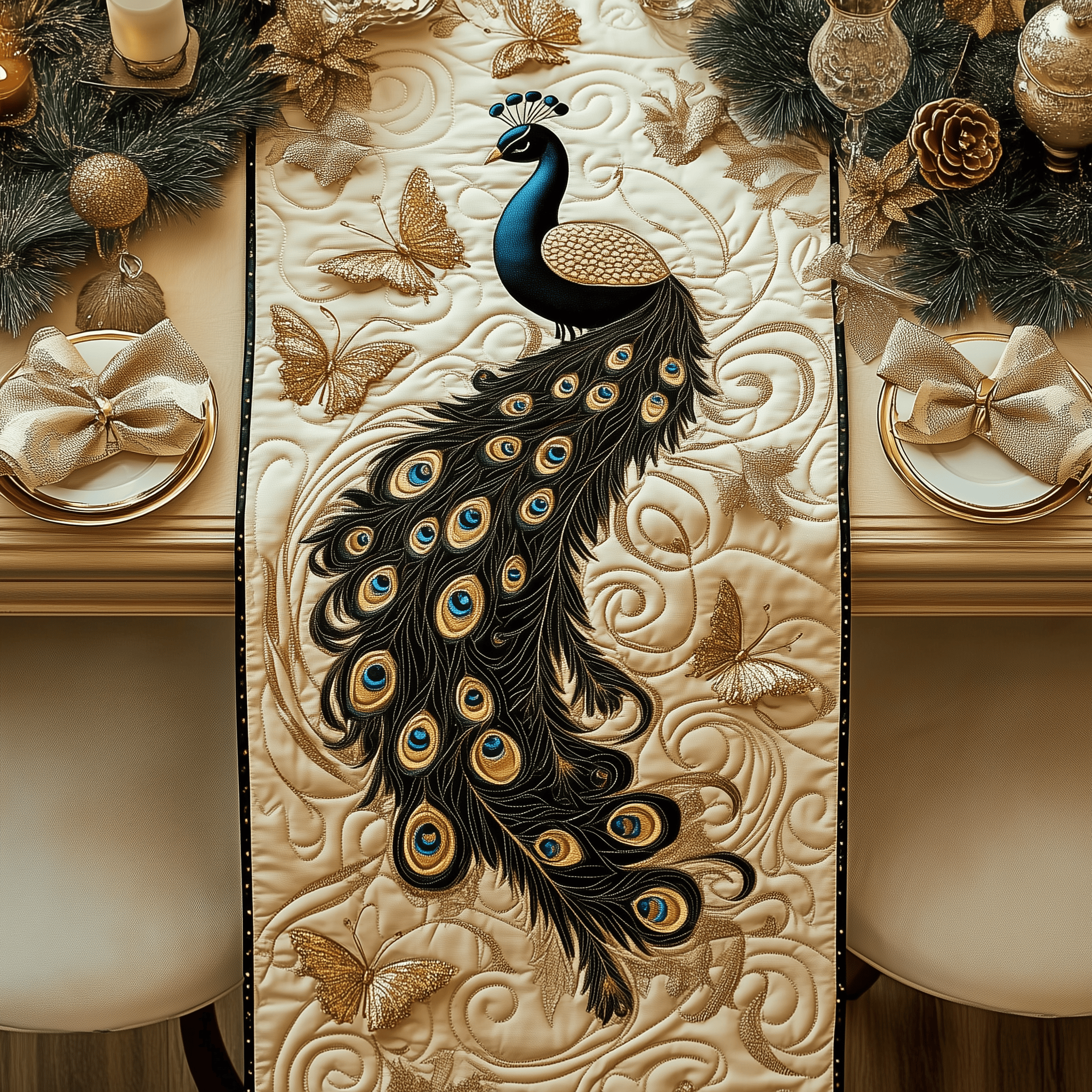 Royal Peacock Quilted Table Runner Decorations Unique Themed Gifts For Peacock Lovers For Her