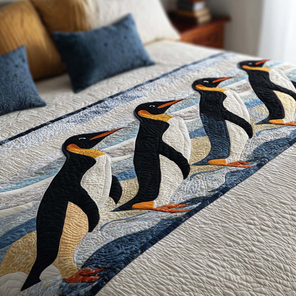 Royal Penguins Quilted Bed Runner Christmas Bedroom Decor Gifts For The Family Christmas