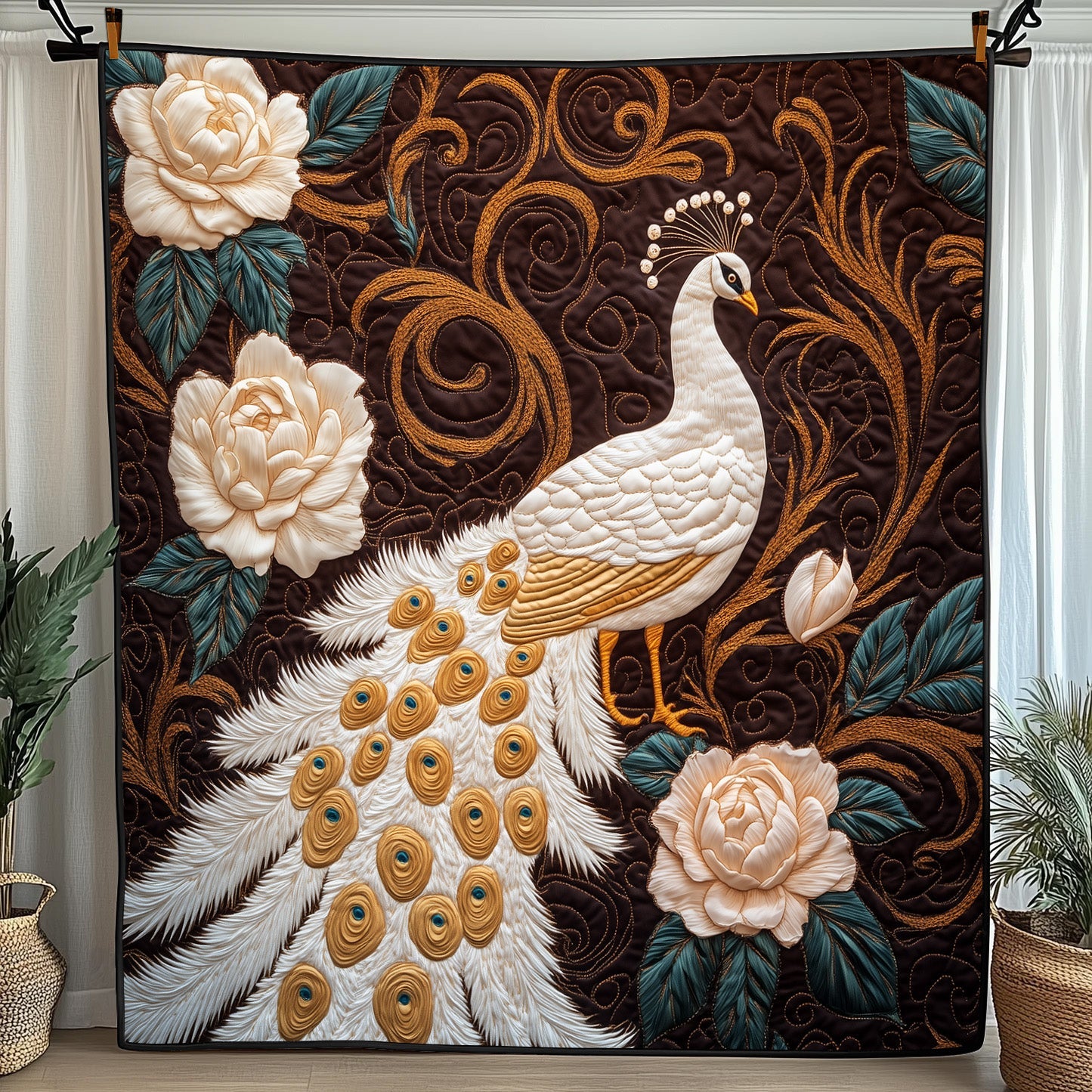 Royal Plumage Quilted Blanket Merchandise Throw BlanketPeacock Gifts Stuff