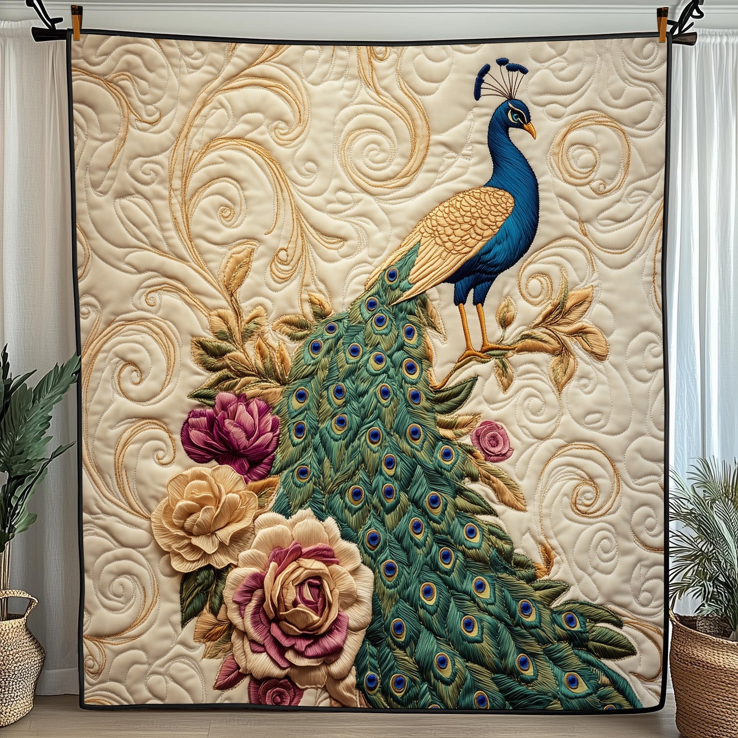 Royal Plumage Quilted Blanket Merchandise Throw BlanketPeacock Lovers Gifts For Men