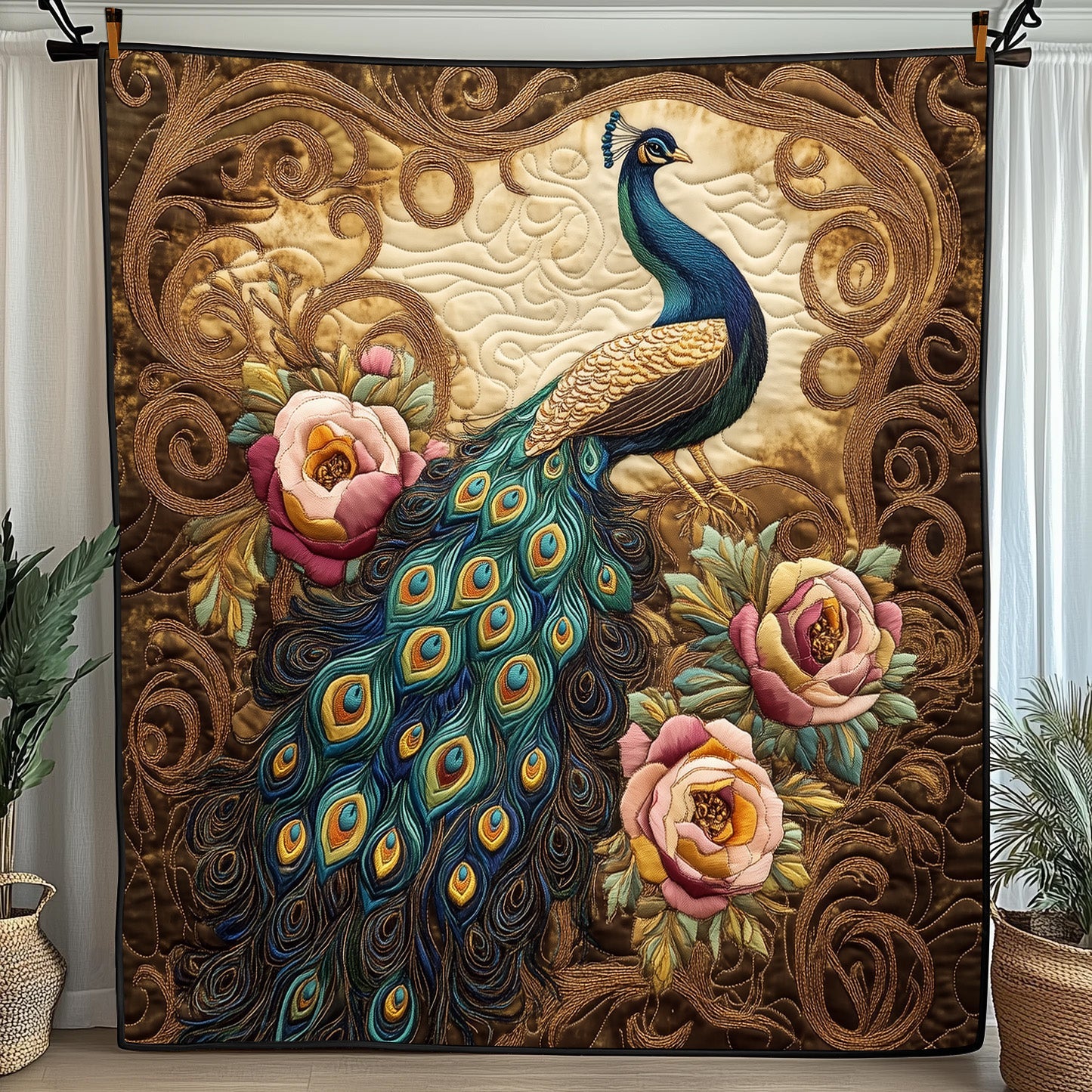 Royal Plumage Quilted Blanket Merchandise Throw BlanketPeacock Lovers Presents