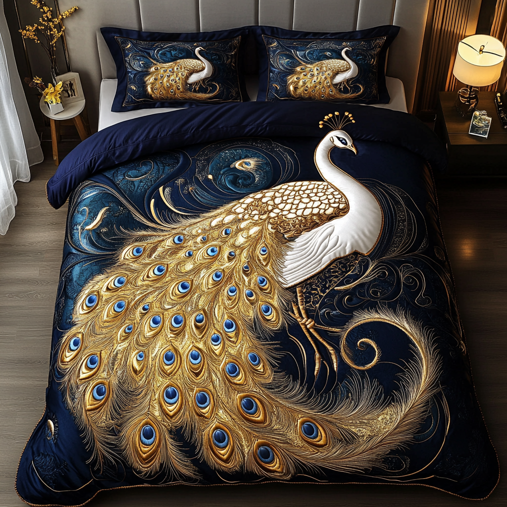Royal Plume Quilted Bedding Set Bed Room Decoration Peacock Themed Gifts
