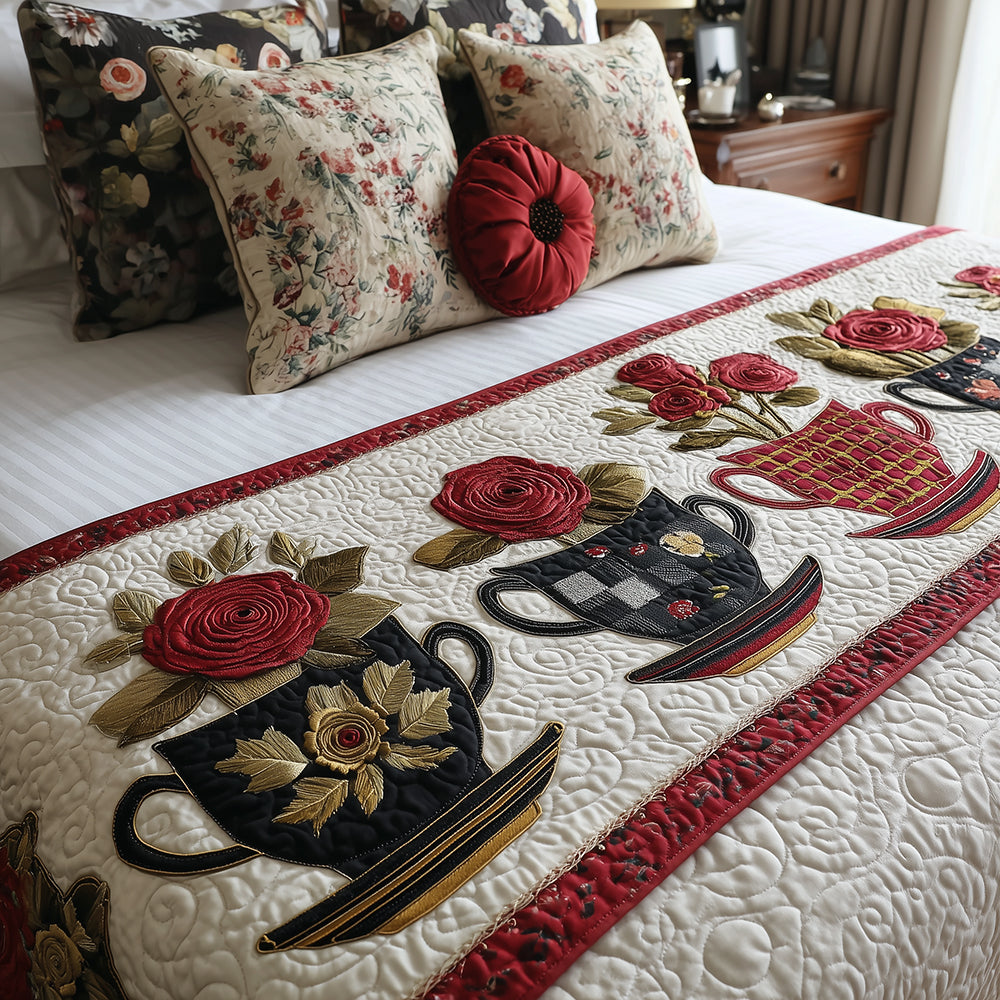 Royal Rose Pour Quilted Bed Runner Bed Decor Christmas Gifts For Tea Lovers