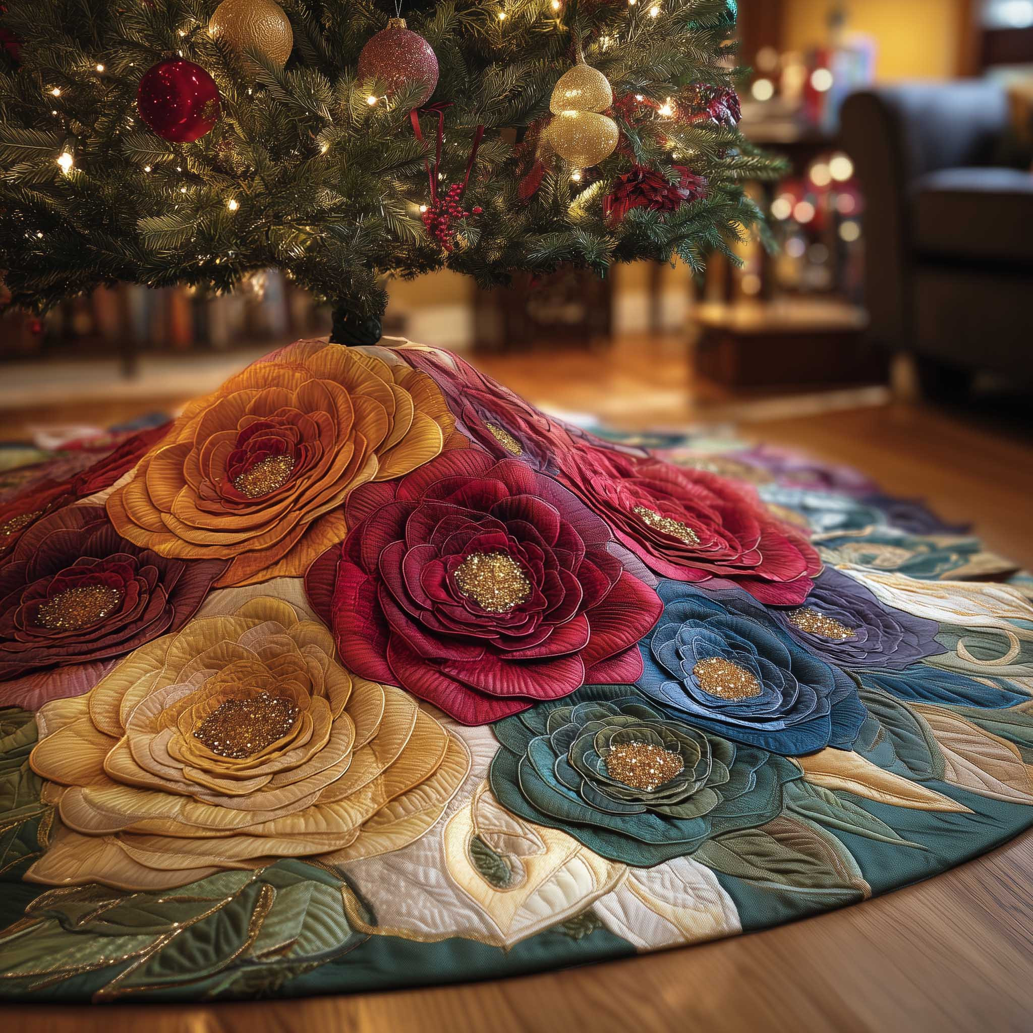 Royal Rose Quilted Tree Skirt Floral Pattern Nature Home Decor Christmas Gift For Mother