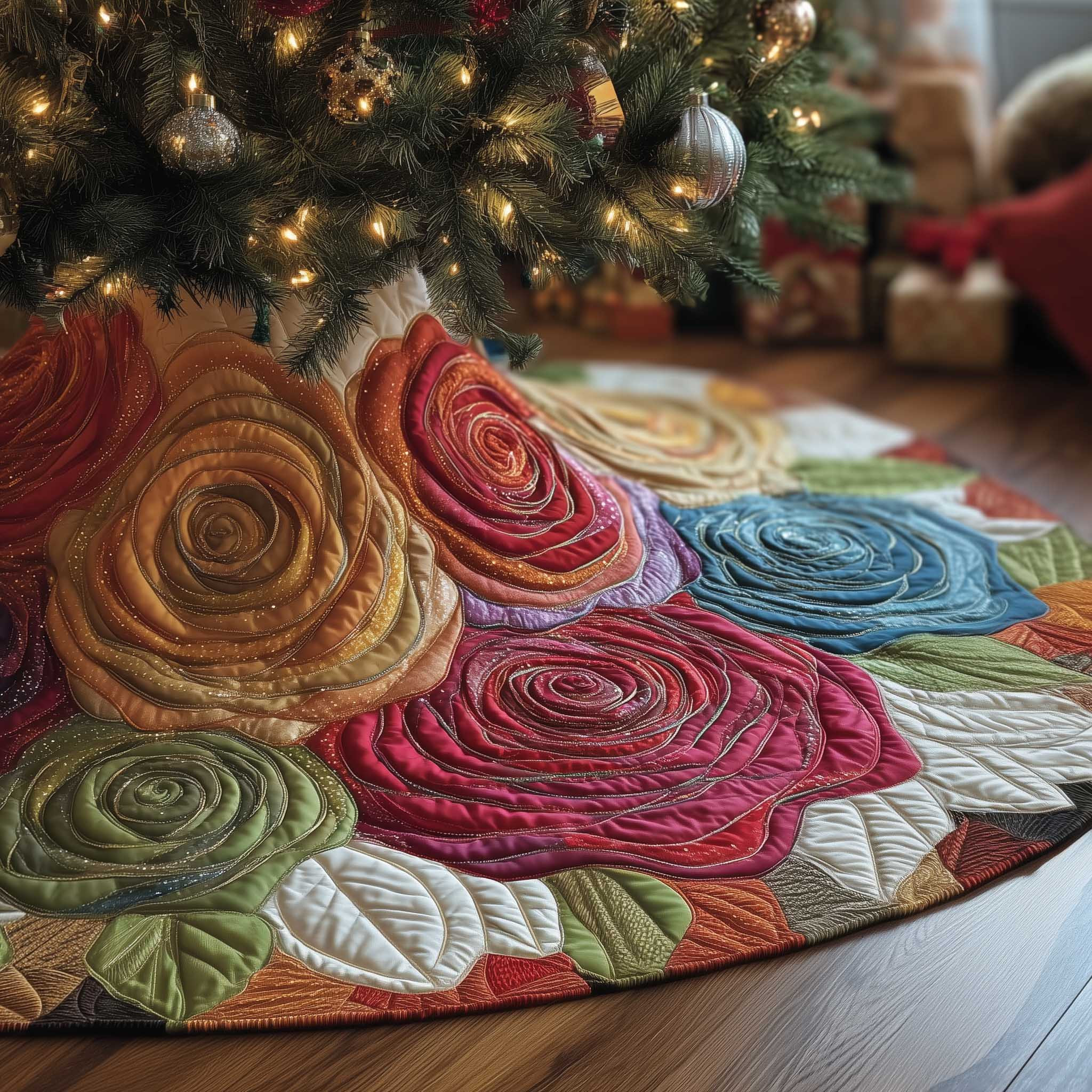 Royal Rose Quilted Tree Skirt Floral Themed Nature Home Decor Best Xmas Gifts