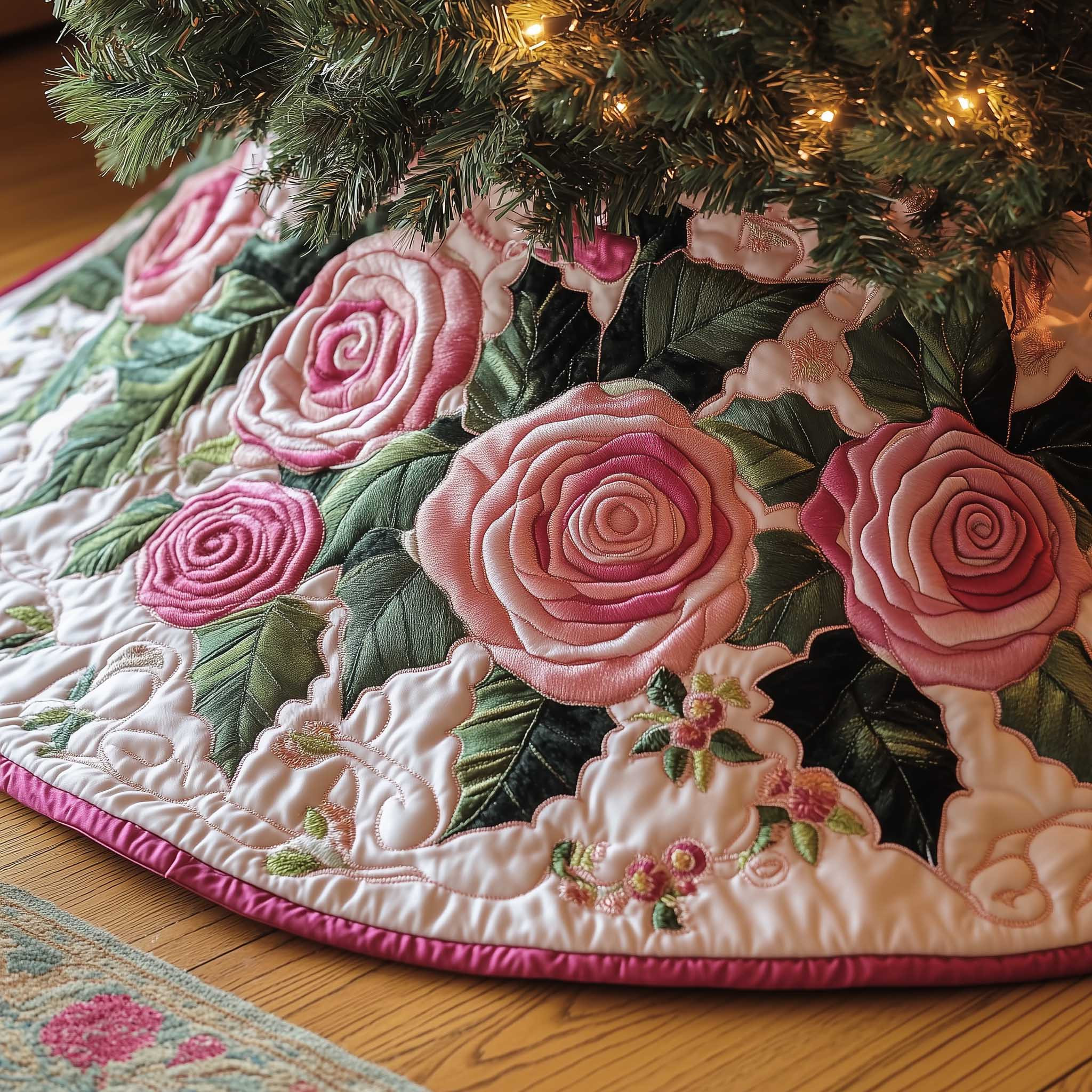 Royal Rose Quilted Tree Skirt Flower Themed Trending Home Decor 2025 Best Xmas Gifts