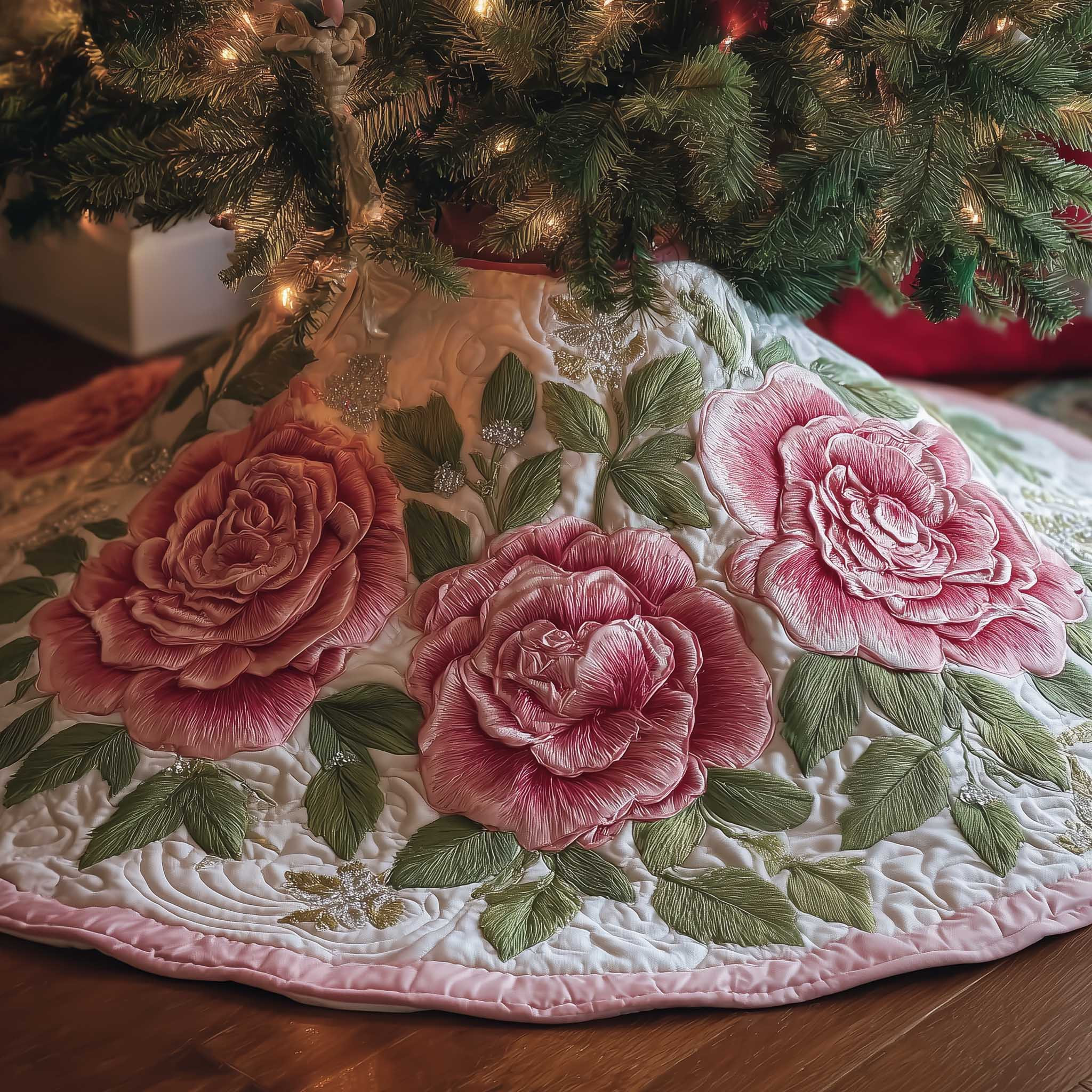 Royal Rose Quilted Tree Skirt Home Decor For Family Christmas Gifts For Flower Lovers
