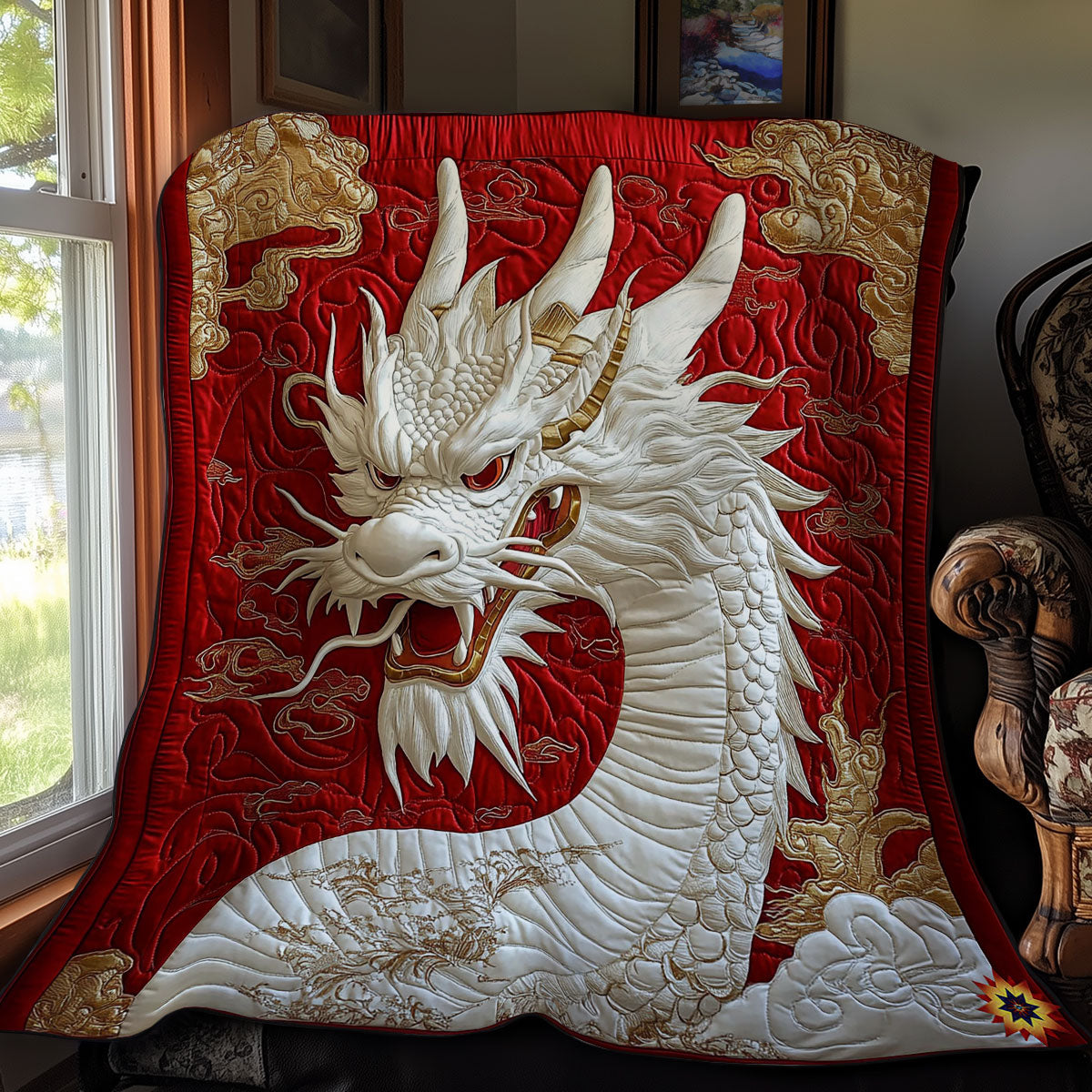 Royal White Dragon Quilt Blanket Queen Size Blanket Birthday Presents For Dragon Lovers