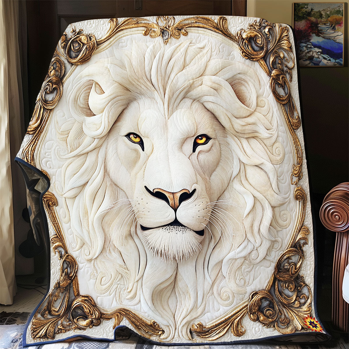 Royal White Lion Quilt Blanket King Size Blanket Gift For Grand