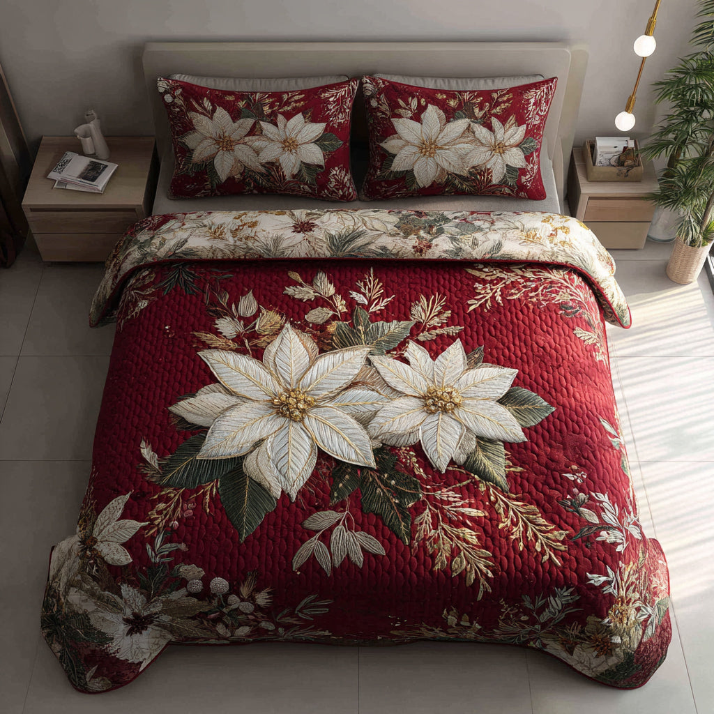 Ruby Poinsettia Garden Quilted Bedding Set Holiday Season Duvet Cover Set Christmas Present Ideas