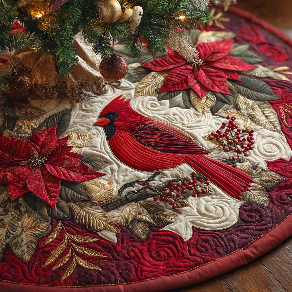 Ruby Songbird Noel Quilted Tree Skirt Holiday Home Decor Cardinal Themed Gifts