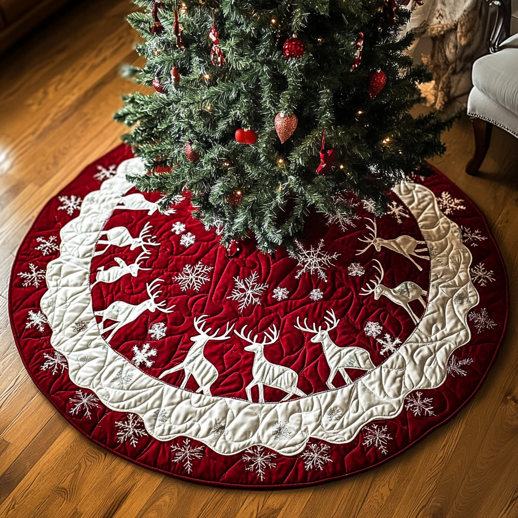 Rudolph Glow Christmas Quilted Tree Skirt Trending Christmas Tree Skirt Merch 2025