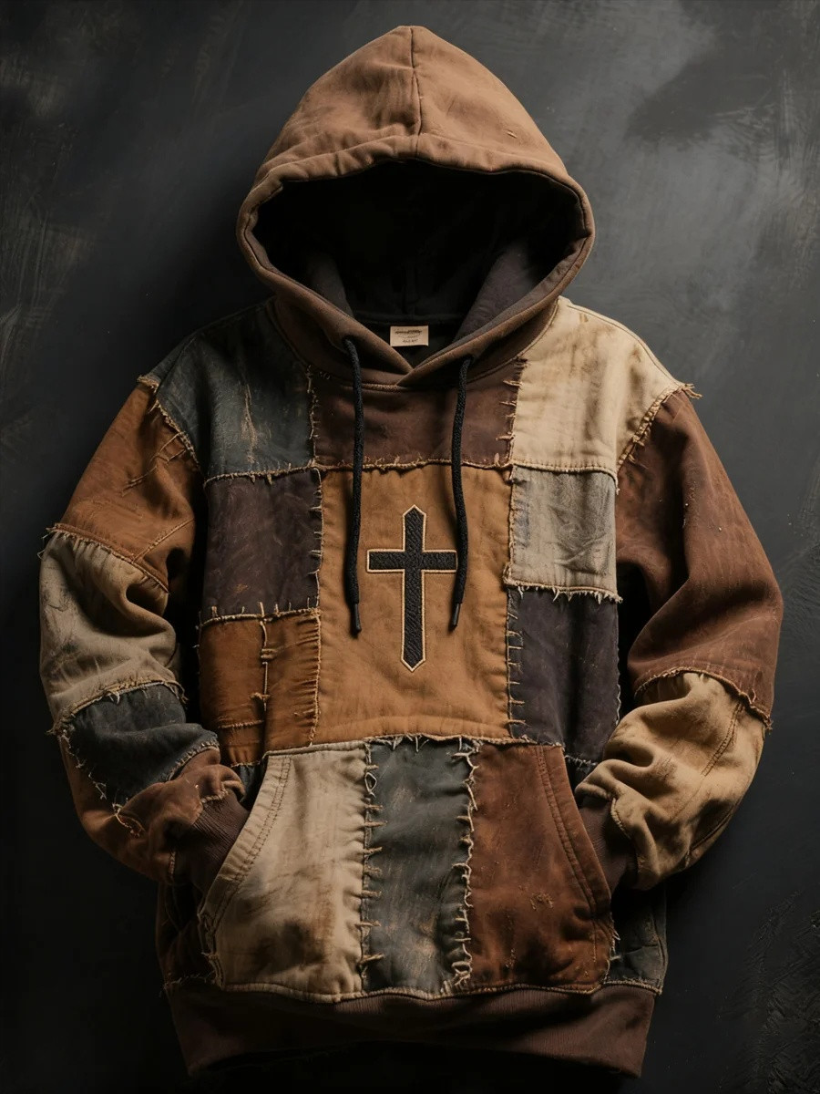Rugged Patchwork Cross Faith Oversized Hoodie Men Christian Graphic Hoodies Best Gift Ideas