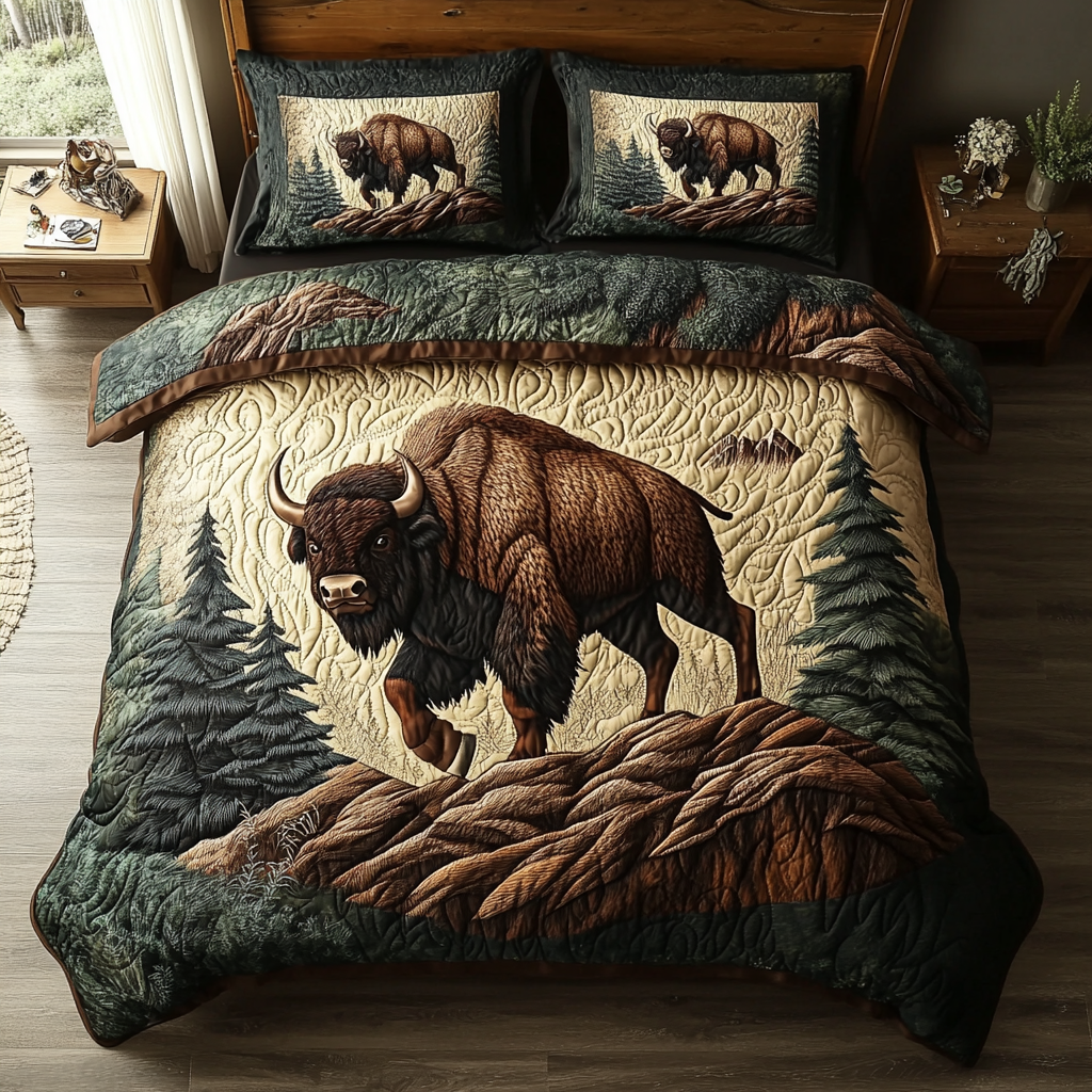 Rugged Spirit Quilted Bedding Set Aesthetic Room Decor Bison Themed Gifts