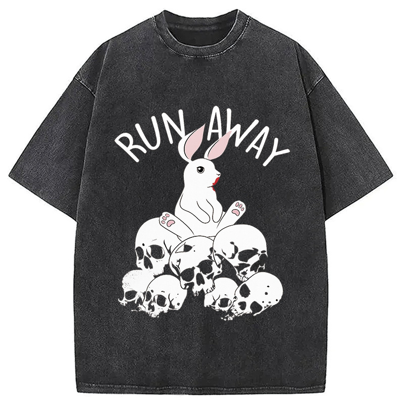 Run Away Bloody Bunny Skeleton Washed T-Shirt Funny Quote Unisex Shirt Gifts For Friends