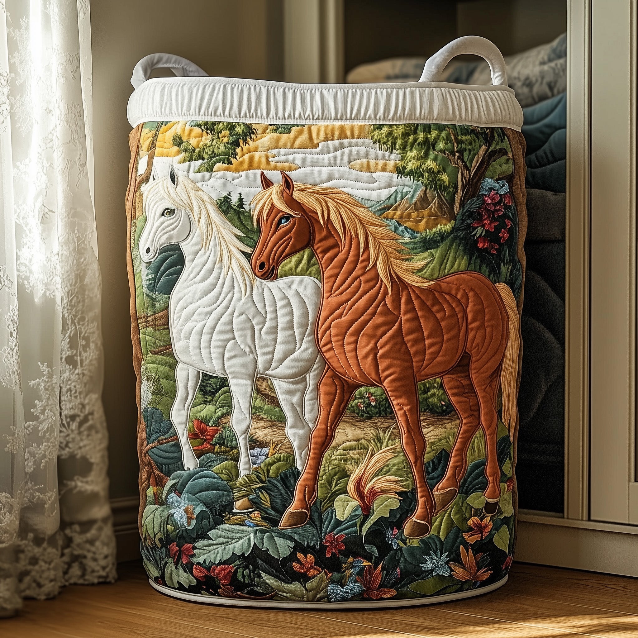 Running Horses Quilted Laundry Basket Holiday Gift For Laundry Lovers