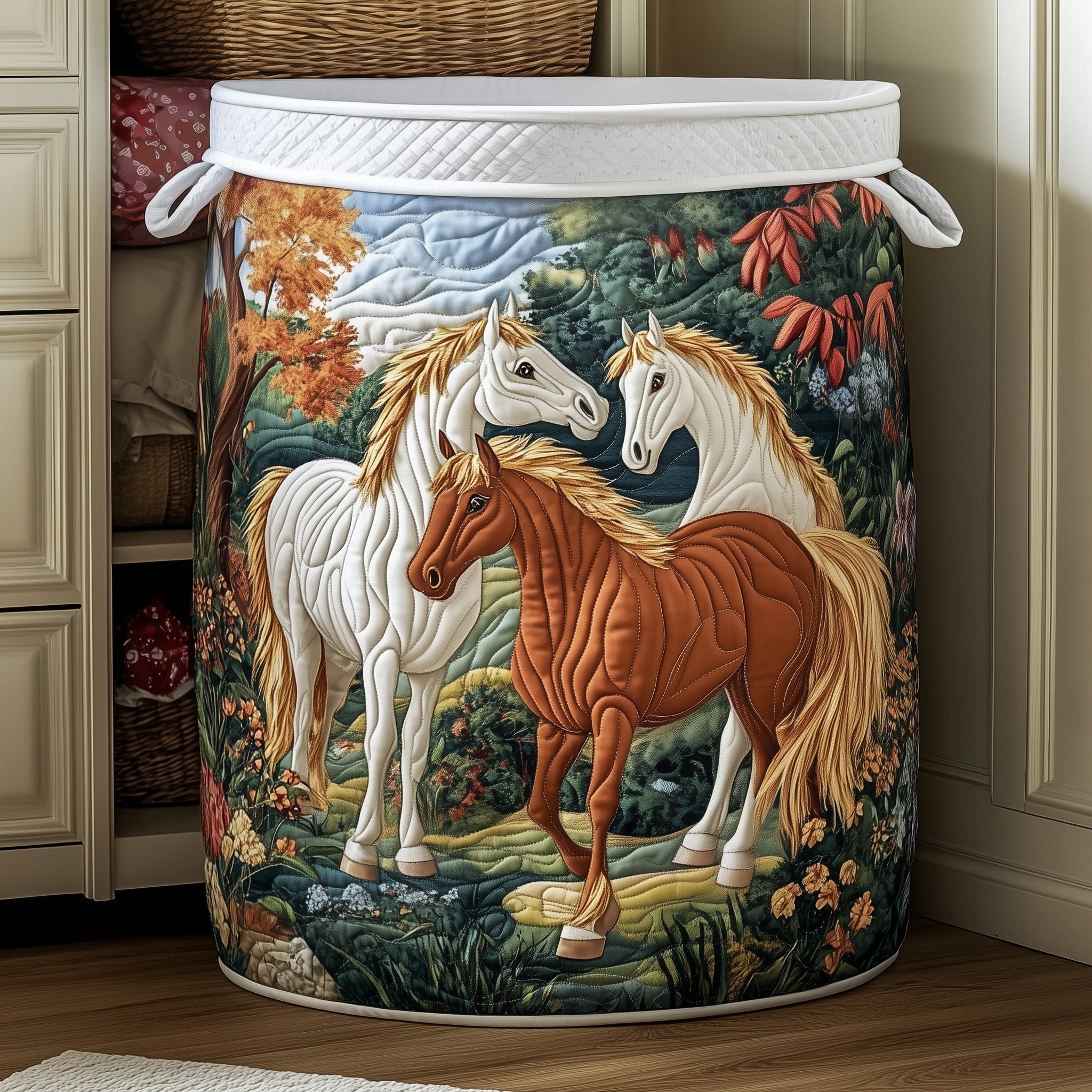Running Horses Quilted Laundry Basket Perfect Birthday Gift Idea