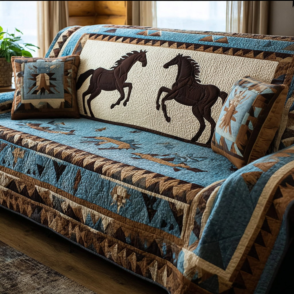 Running Spirit Quilted Sofa Cover Holiday Living Room Decor Western Cowboy Gifts For Dad