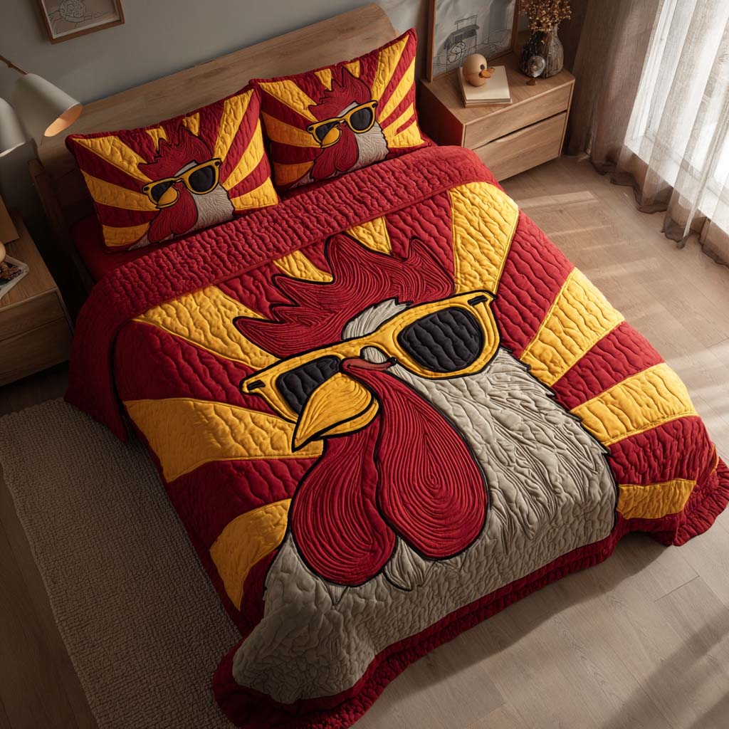 Runway Rooster Quilted Bedding Set Christmas Bed Sheets Gifts For People Who Love Chickens