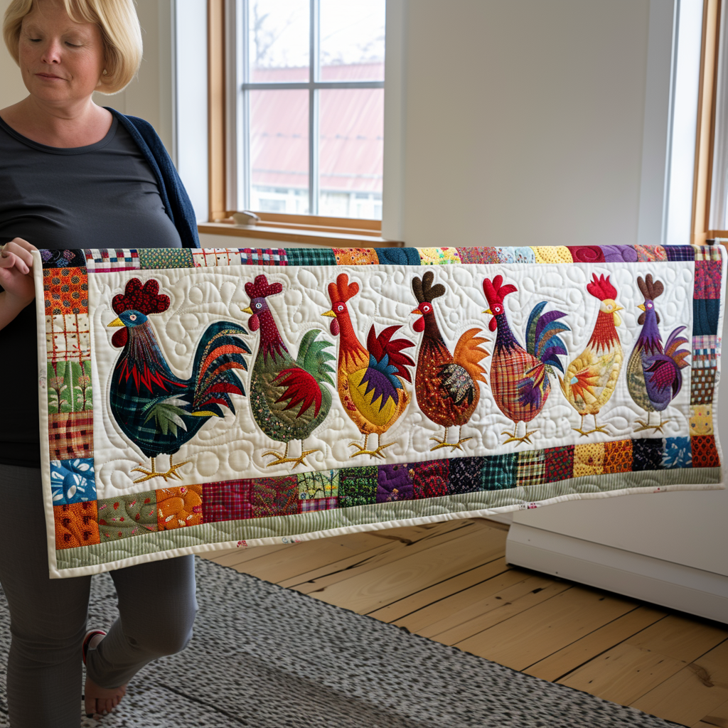 Rural Roosters Quilted Table Runner Holiday Home Decor Best Gifts For Chicken Farmers