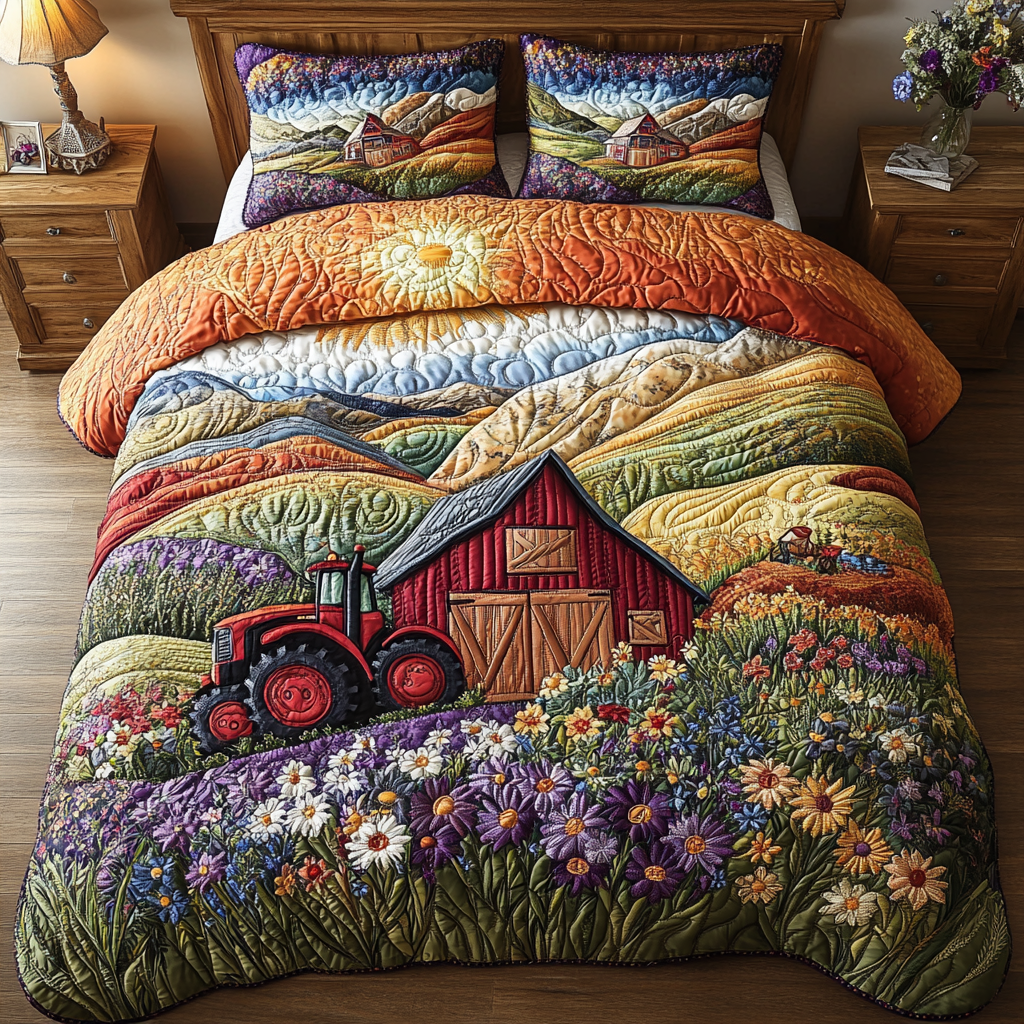 Rural Routes Quilted Bedding Set Unique Bed Sheet Set Tractor Presents For Adults
