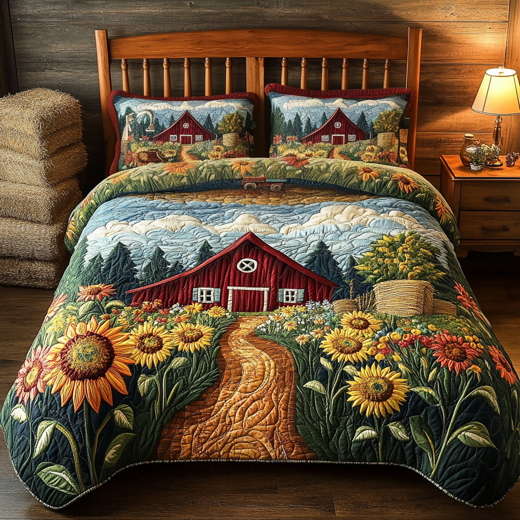Rural Serenity Quilted Bedding Set Aesthetic Room Decor Tractor Presents For Adults