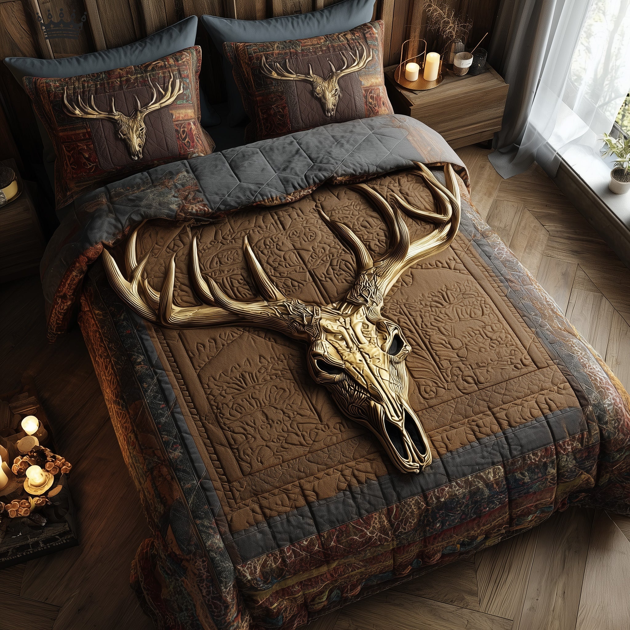 Rustic Antler Quilted Bedding Set Deer Hunter Bedroom Decor Gift For Hunting Lovers