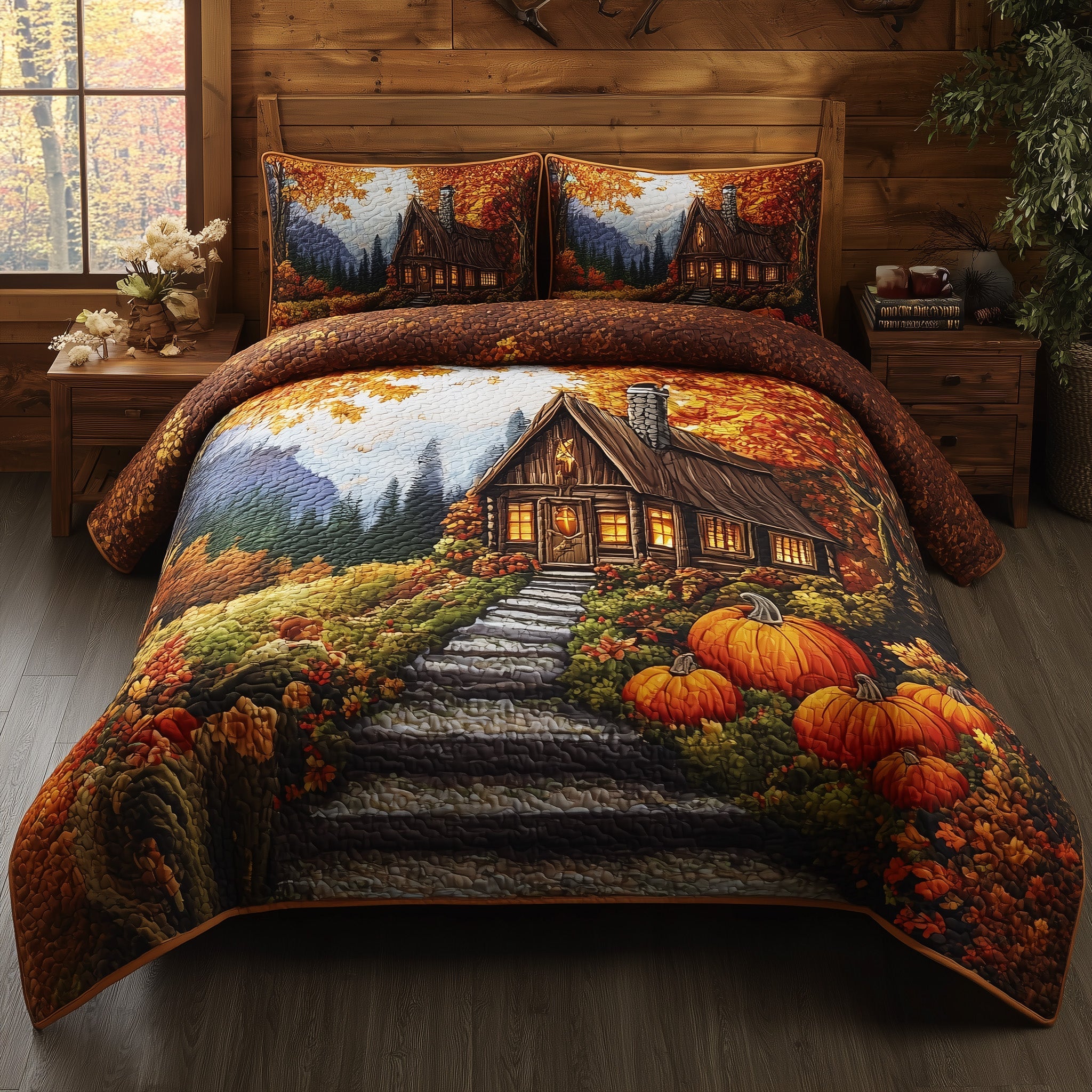 Rustic Autumn Retreat Quilted Bedding Set Geometrical Pattern