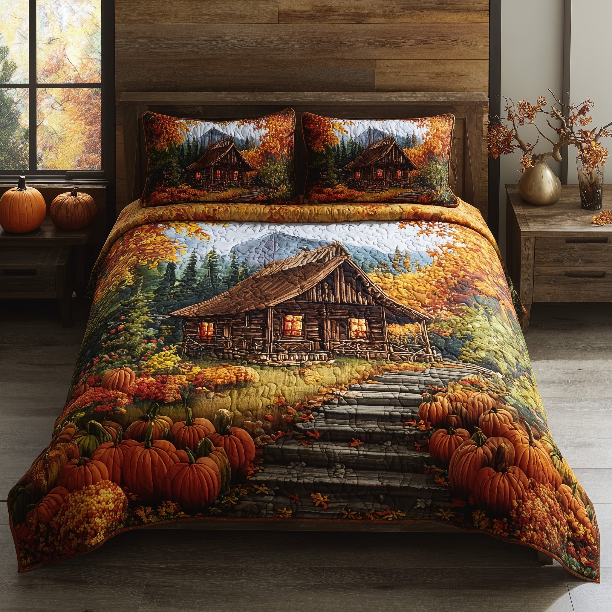 Rustic Autumn Retreat Quilted Bedding Set Unique Pattern