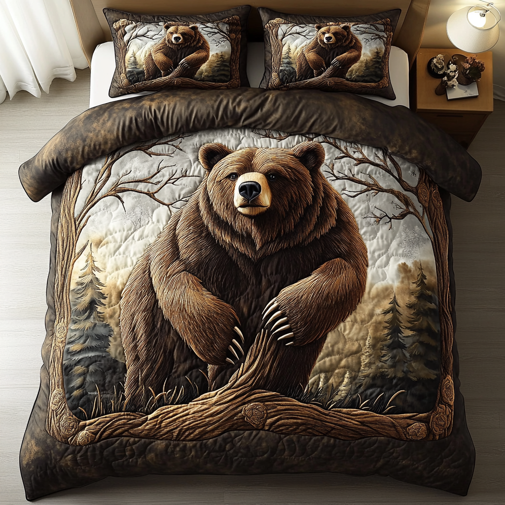 Rustic Bear Quilted Bedding Set Christmas Bed Sheets Gifts For Wild Animal Lovers