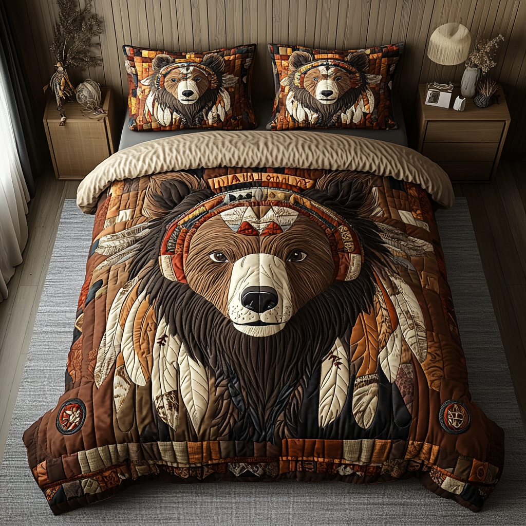 Rustic Bear Quilted Bedding Set Cute Bedroom Decor Native American Gift Ideas