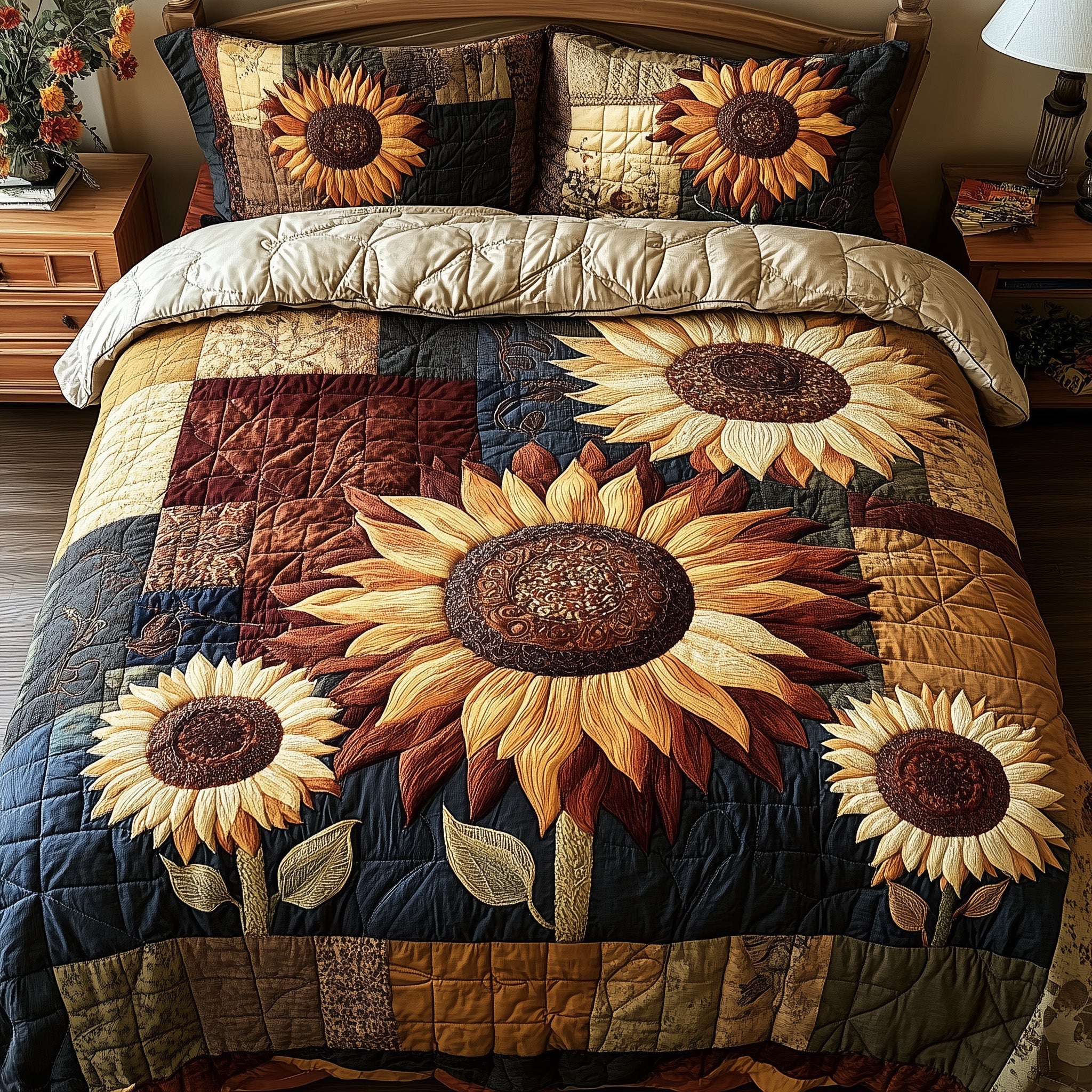 Rustic Bloom Patchwork Quilted Bedding Set Duvet Cover Bed Sheet Xmas Gift For Brother In Law