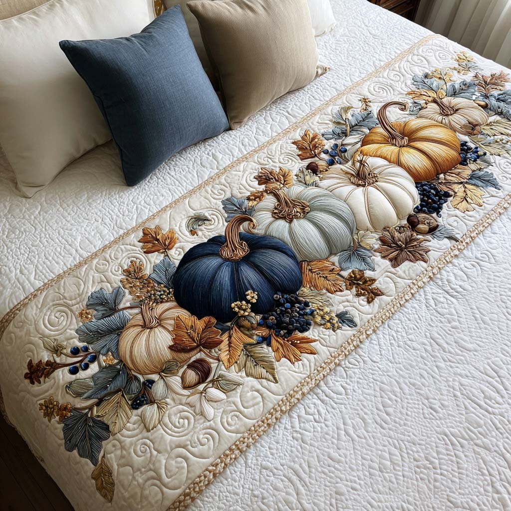 Rustic Blue Harvest Quilted Bed Runner Fall Bedroom Decor Ideas Unique Gifts Family