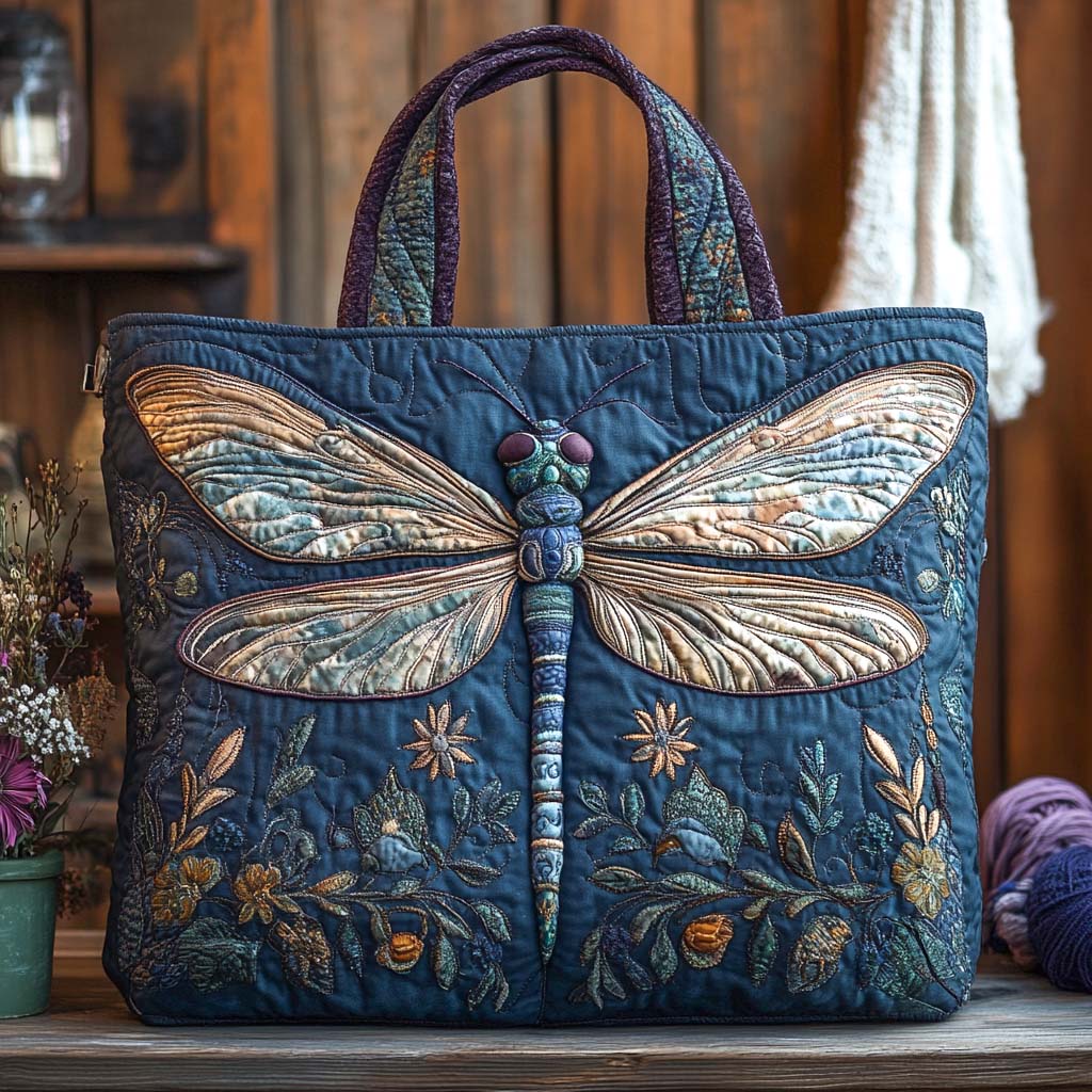 Rustic Blue Meadow Quilted Tote Bag Dragonfly Gifts For Him