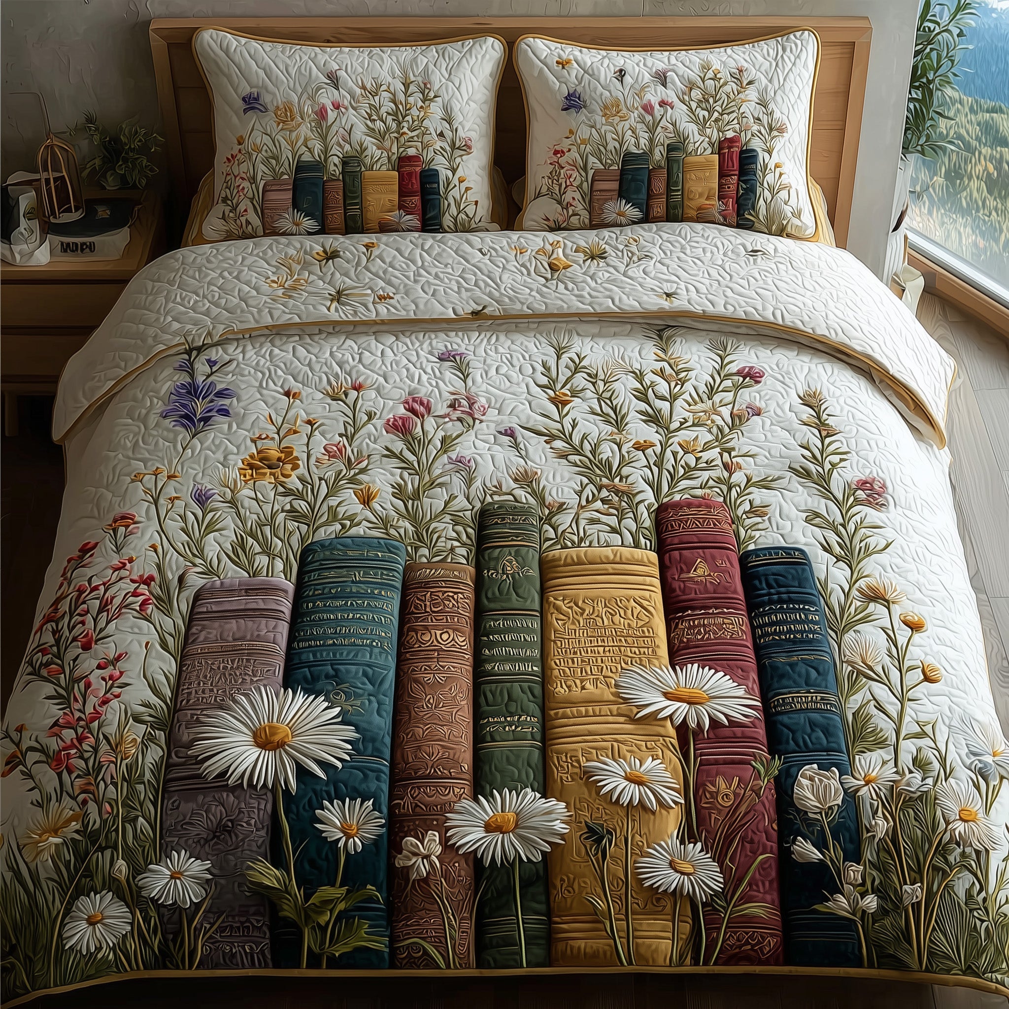 Rustic Books Quilted Bedding Set Blooming Book Tales Unique Bookish Bedroom Gifts