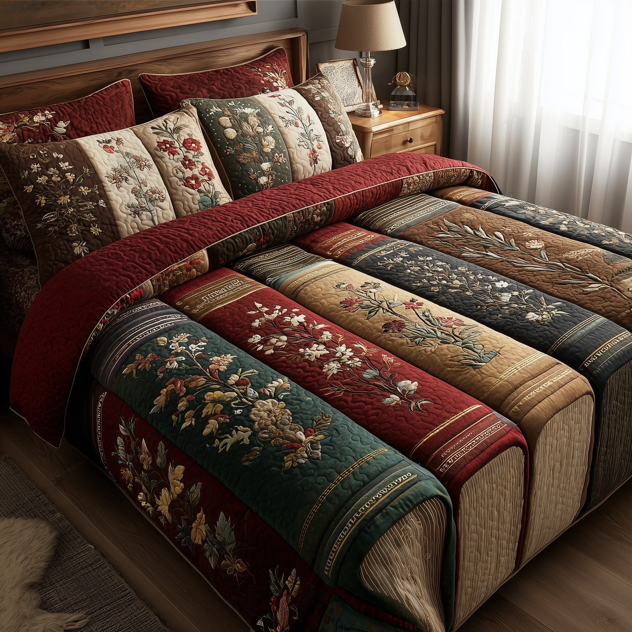 Rustic Books Quilted Bedding Set Retro Books Design Best Bookish Bedroom Gifts