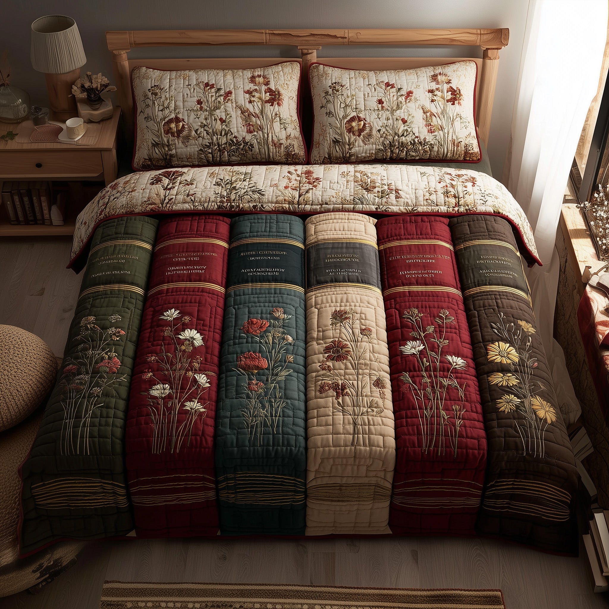 Rustic Books Quilted Bedding Set Retro Reading Books Unique Bookish Bedroom Gifts