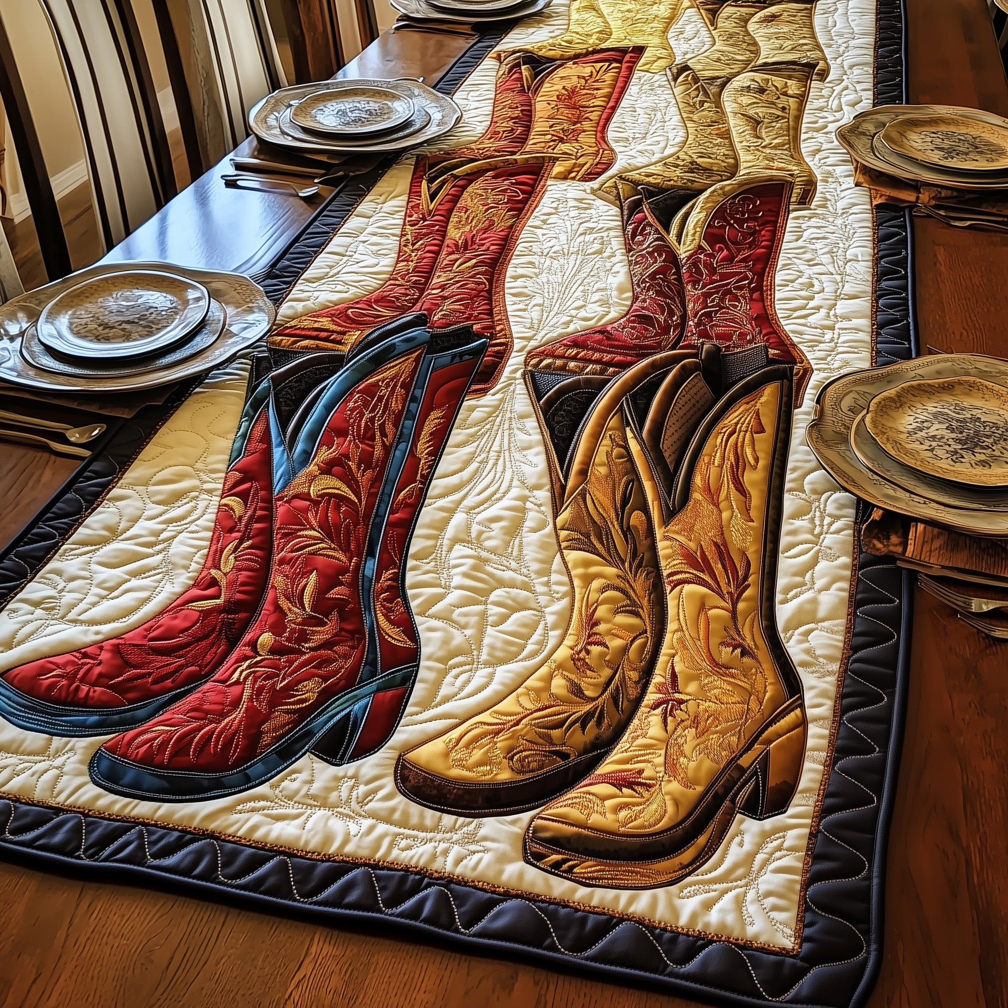 Rustic Boots Quilted Table Runner Cozy Christmas Table Runner