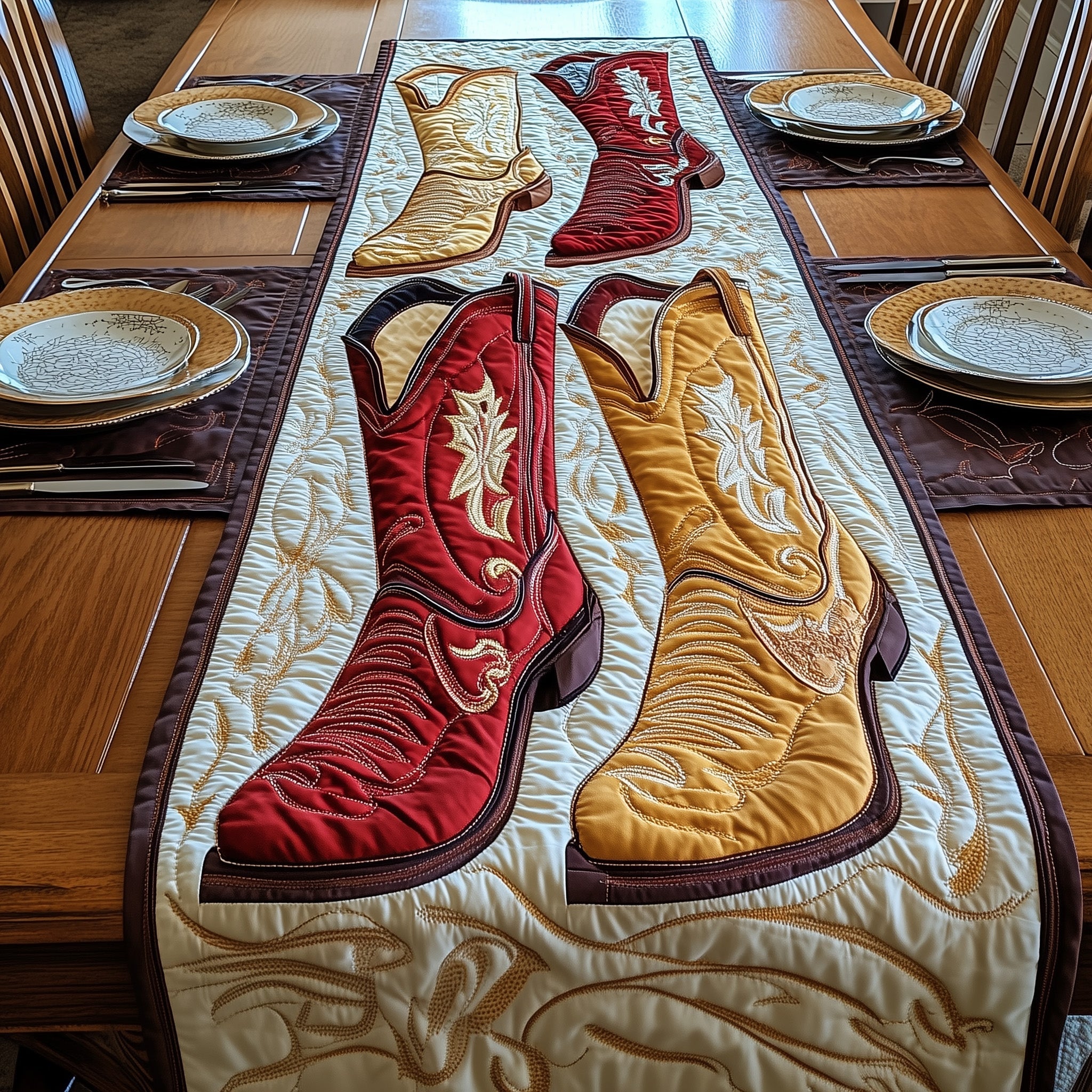 Rustic Boots Quilted Table Runner Festive Table Runner for Dining Table
