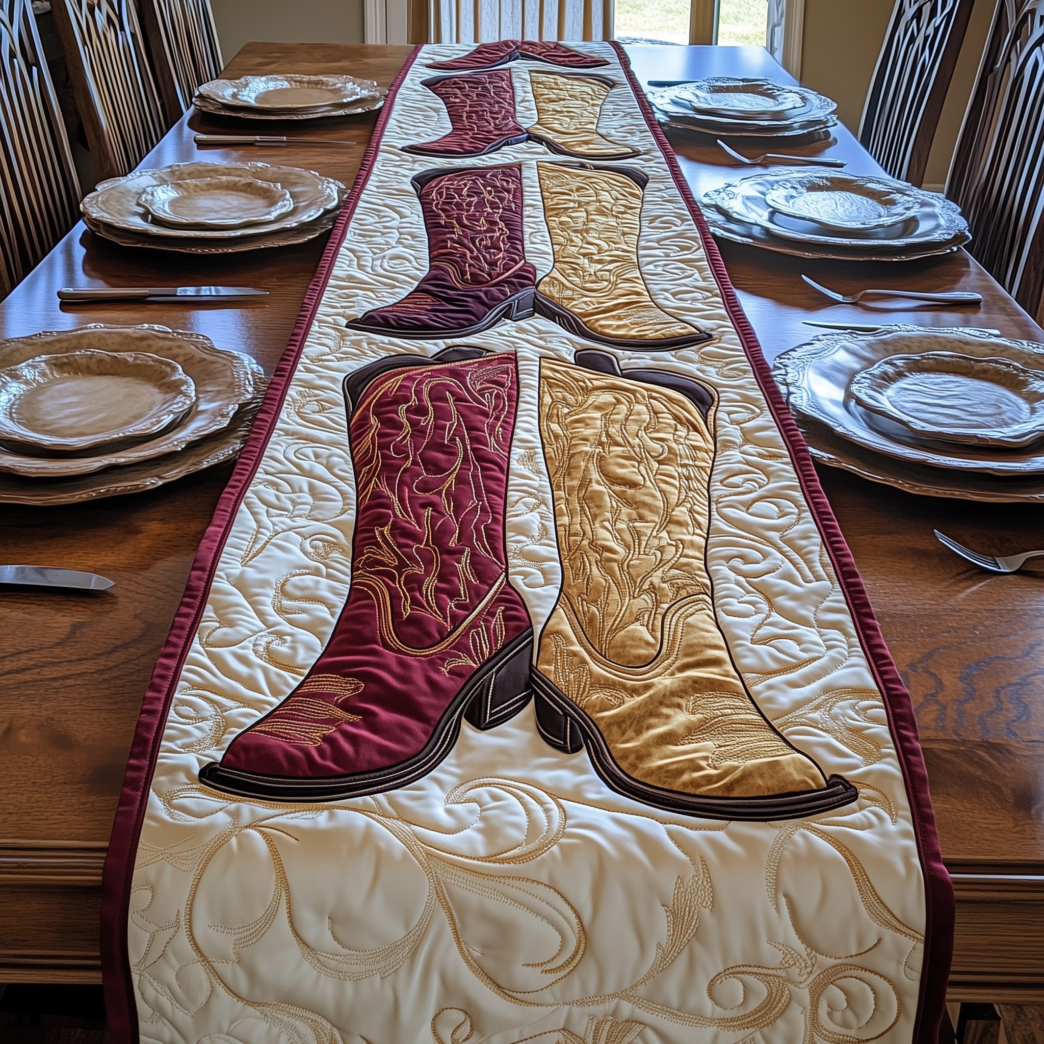 Rustic Boots Quilted Table Runner Holiday Season Table Runner