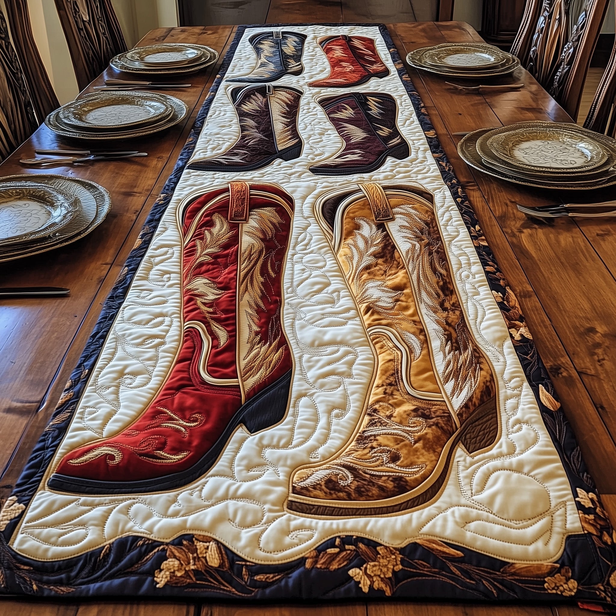 Rustic Boots Quilted Table Runner Table Runner for Christmas Decor
